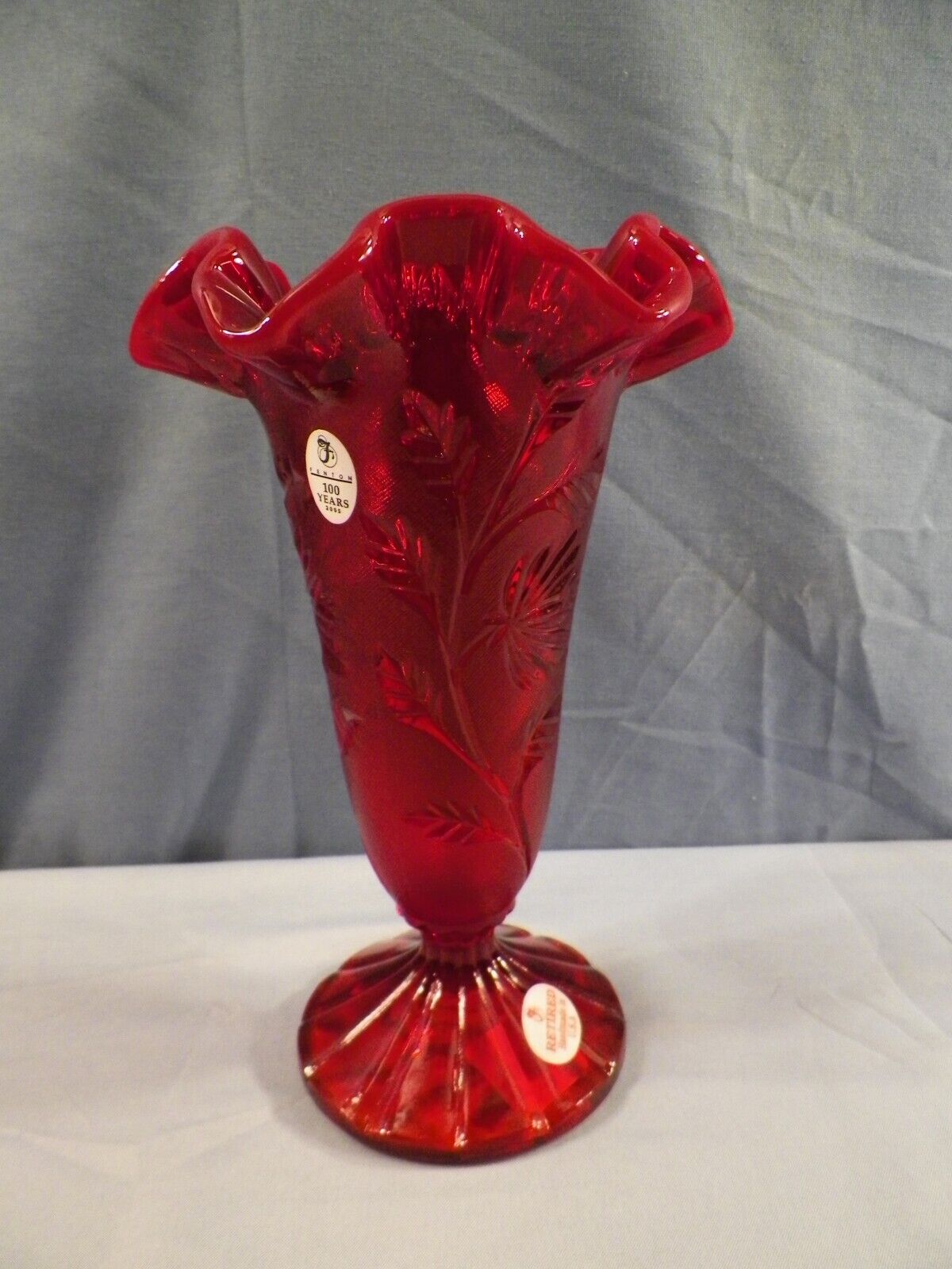 Fenton Ruby Red Glass Footed Fluted Vase w/ Fern Design