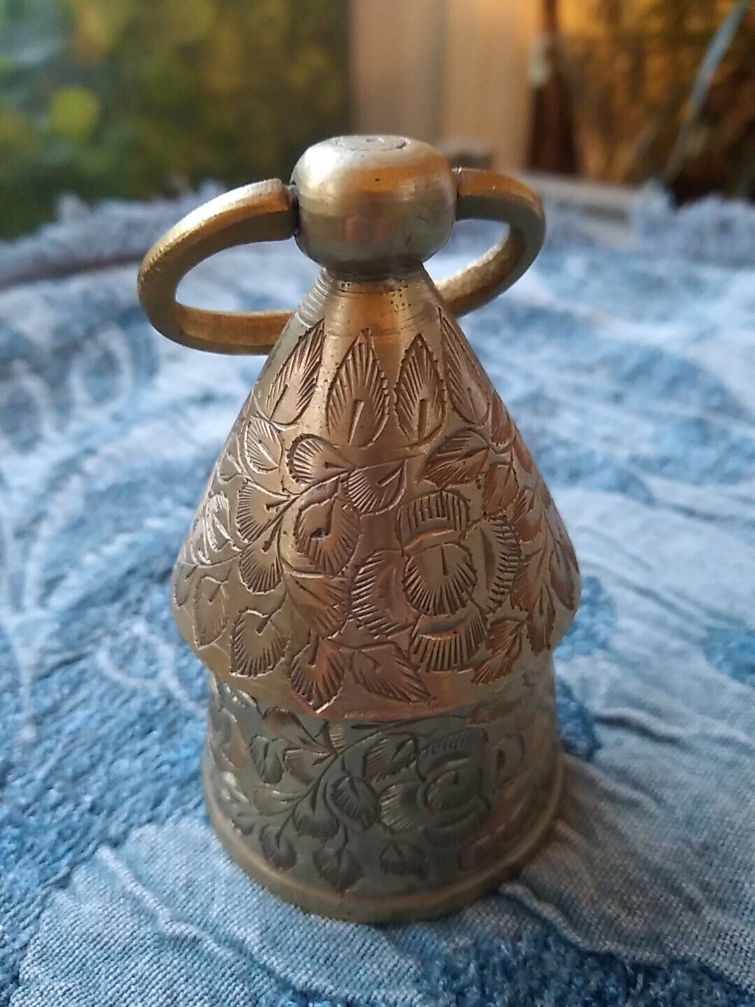 Vintage Etched Brass Bell Sarna India Rich Ring Ornate Leaves 3.5\