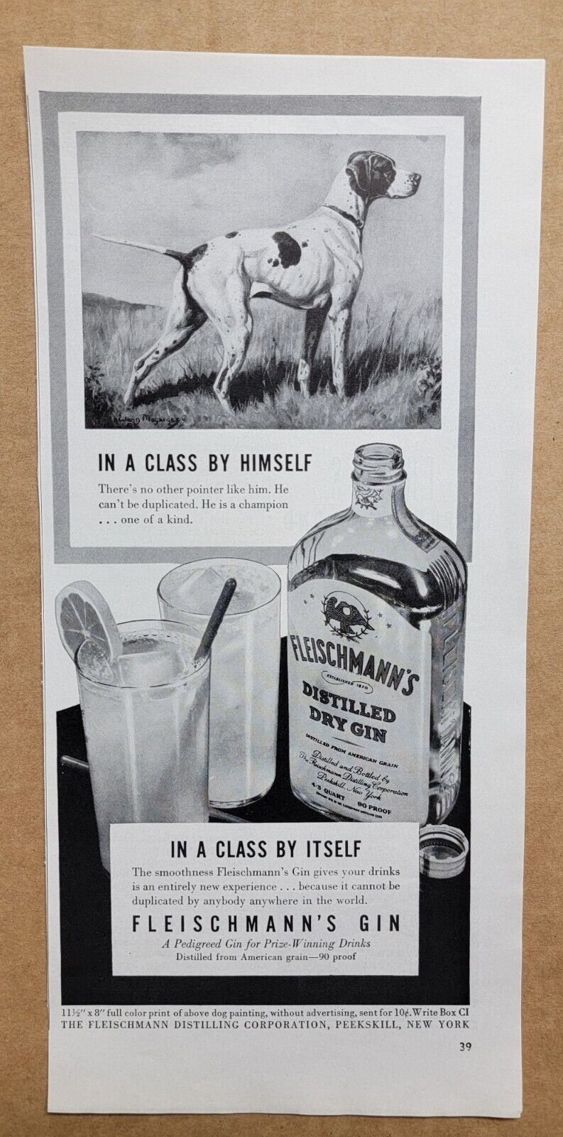 NOSTALGIC 1941 Print Ad Advertisement Fleischmann\'s Gin Bird Dog Class Himself
