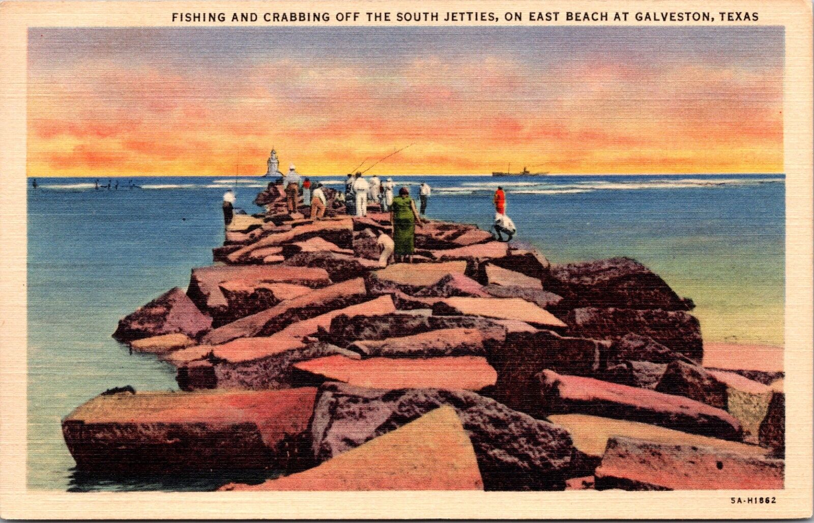 Galveston TX Jetty Lighthouse Sunset Fish Crab Ship Under Power 1935 Postcard 
