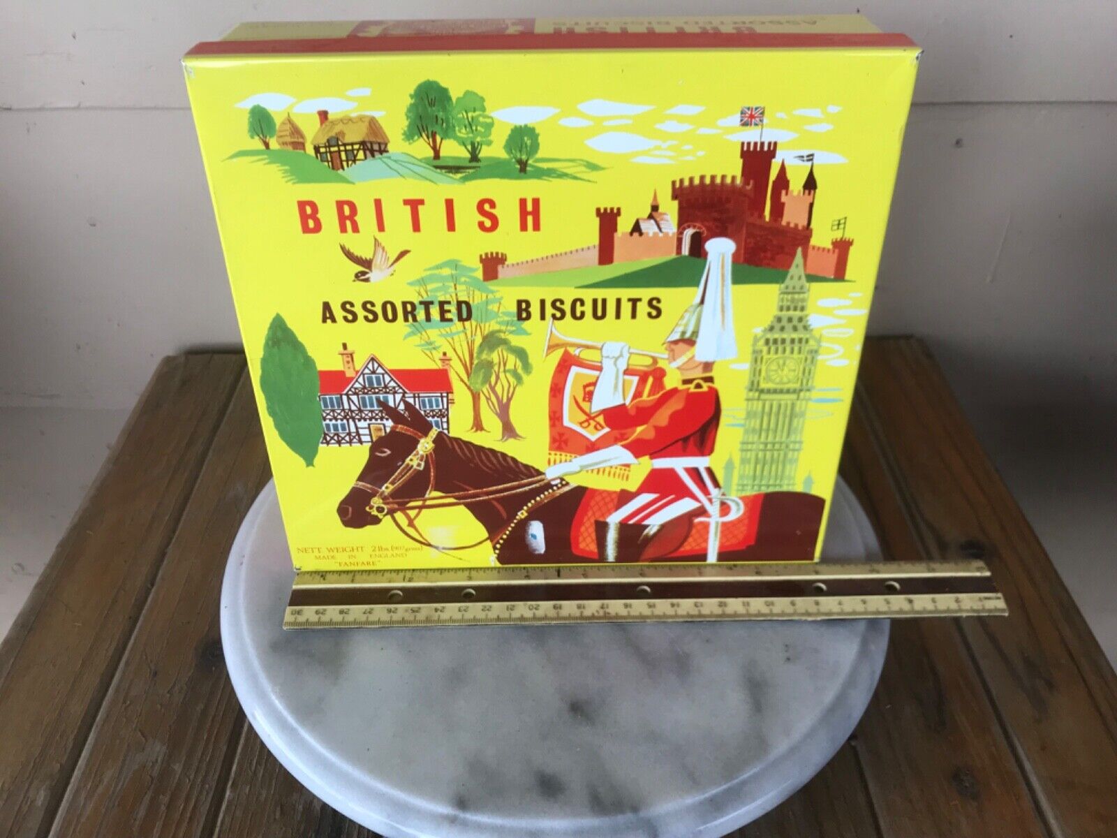 Vintage British 2 lb Biscuit Tin Brilliant Fanfare Graphics
