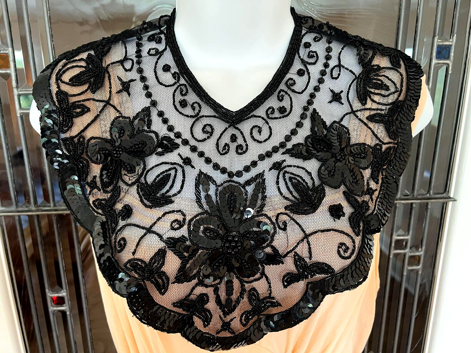 GORGEOUS ANTIQUE LACE Collar SEQUINS & GLASS BEADS Hand Made Black Elegance FAB