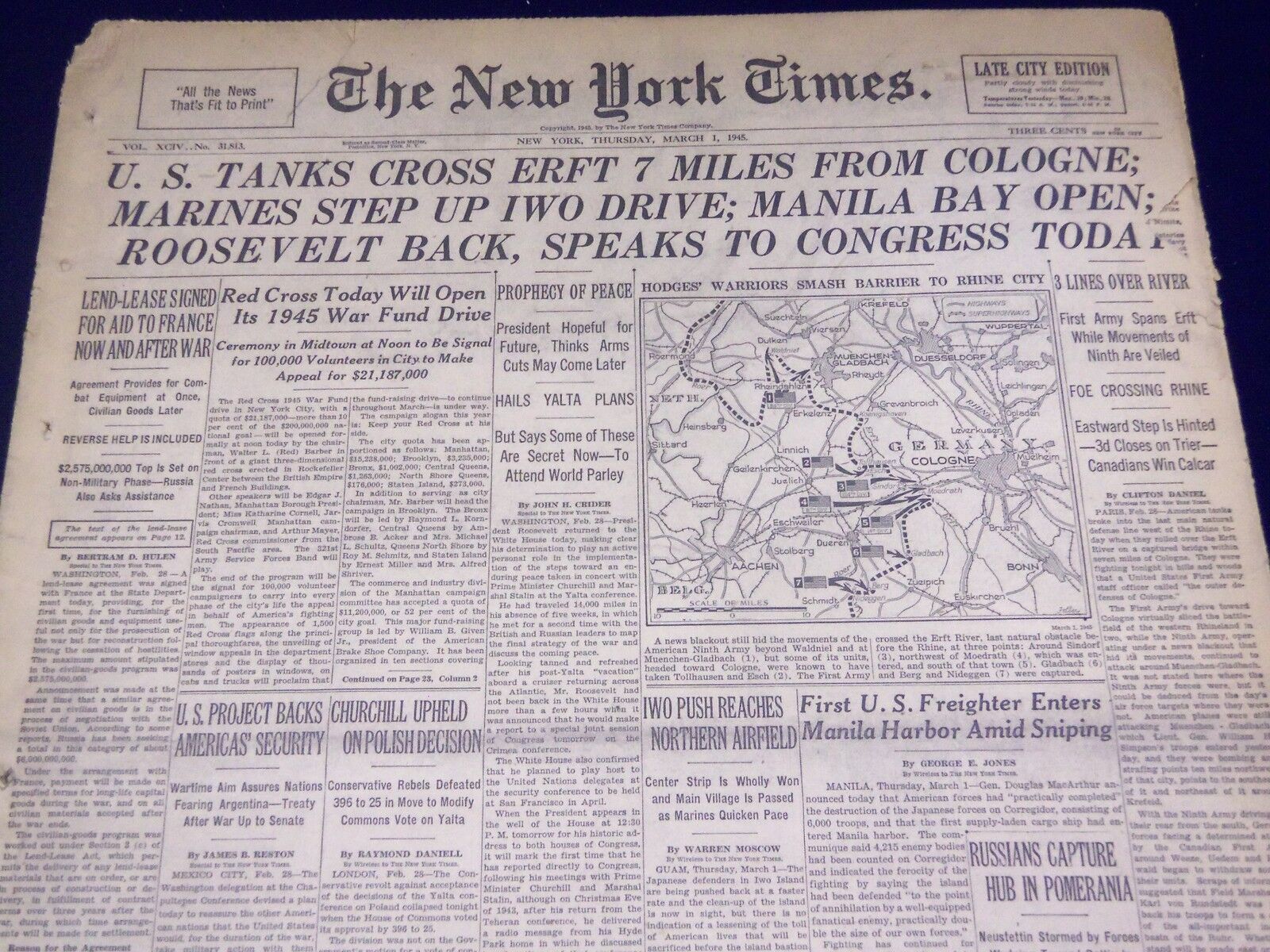 1945 MAR 1 NEW YORK TIMES - U. S. TANKS CROSS ERFT 7 MILES FROM COLOGNE - NT 551