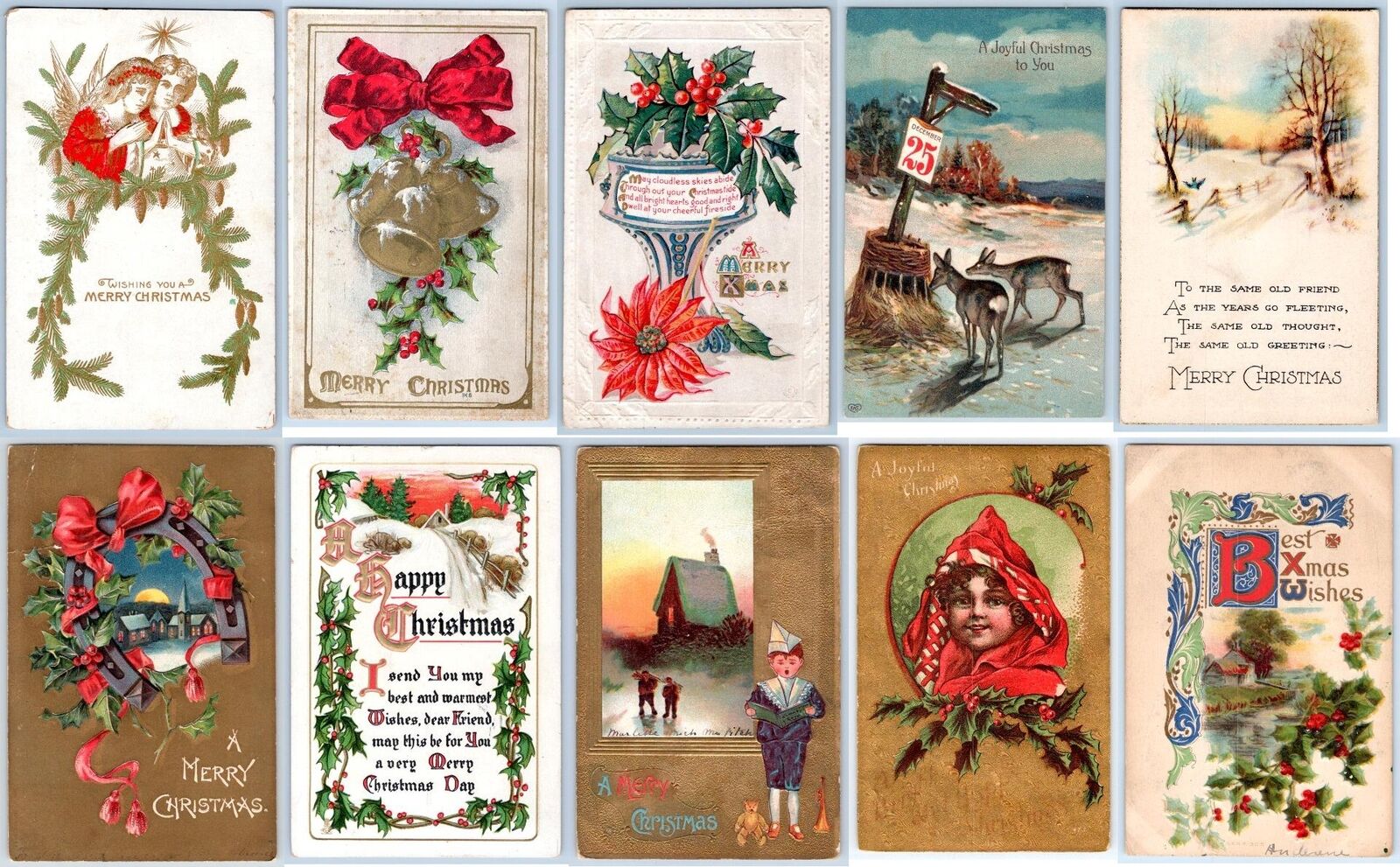 LOT/10 ANTIQUE CHRISTMAS VINTAGE POSTCARDS*EARLY 1900\'s*CONDITION VARIES #44
