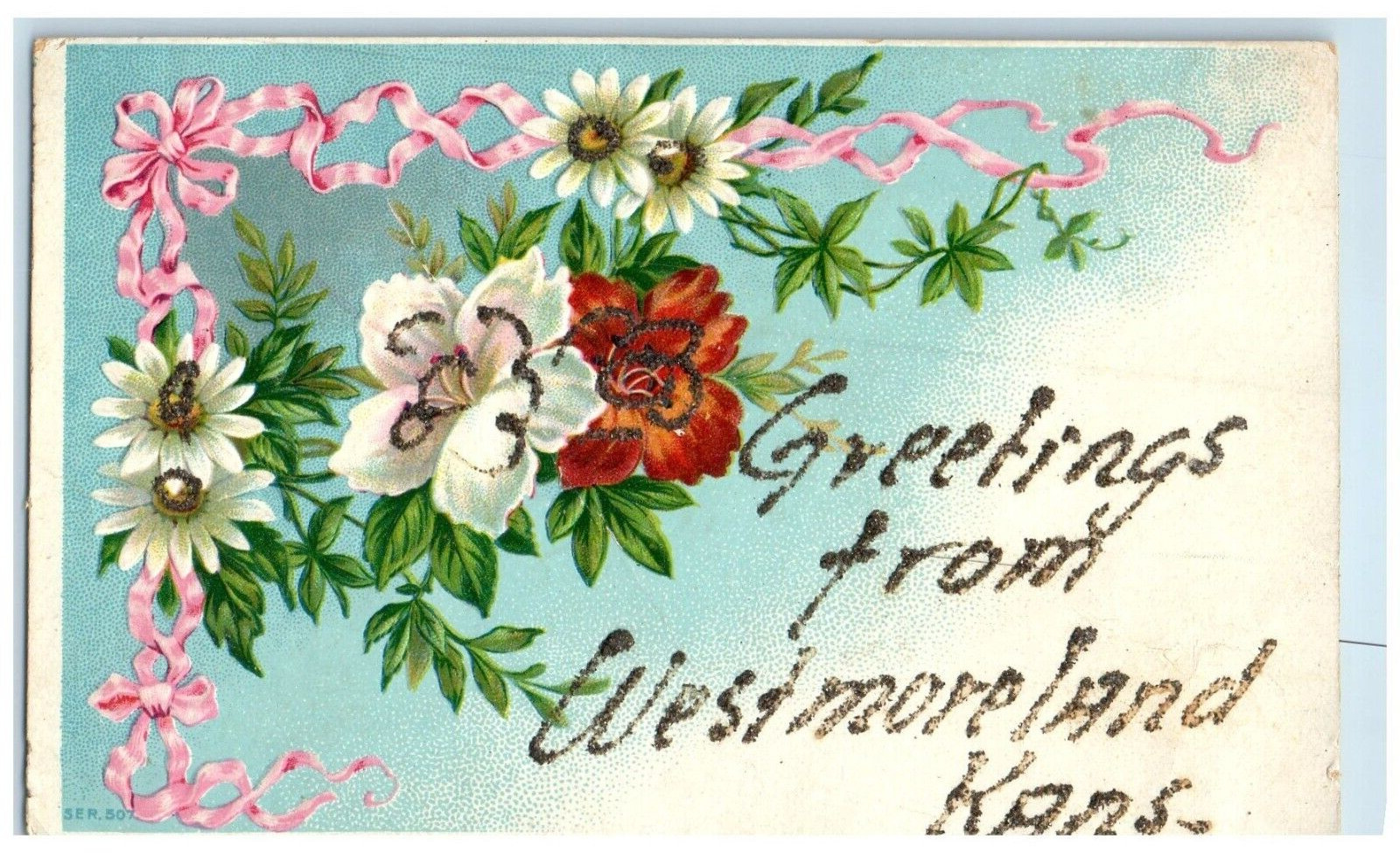 c1910's Greetings From Flowers Glitter Embossed Westmoreland Kansas KS Postcard