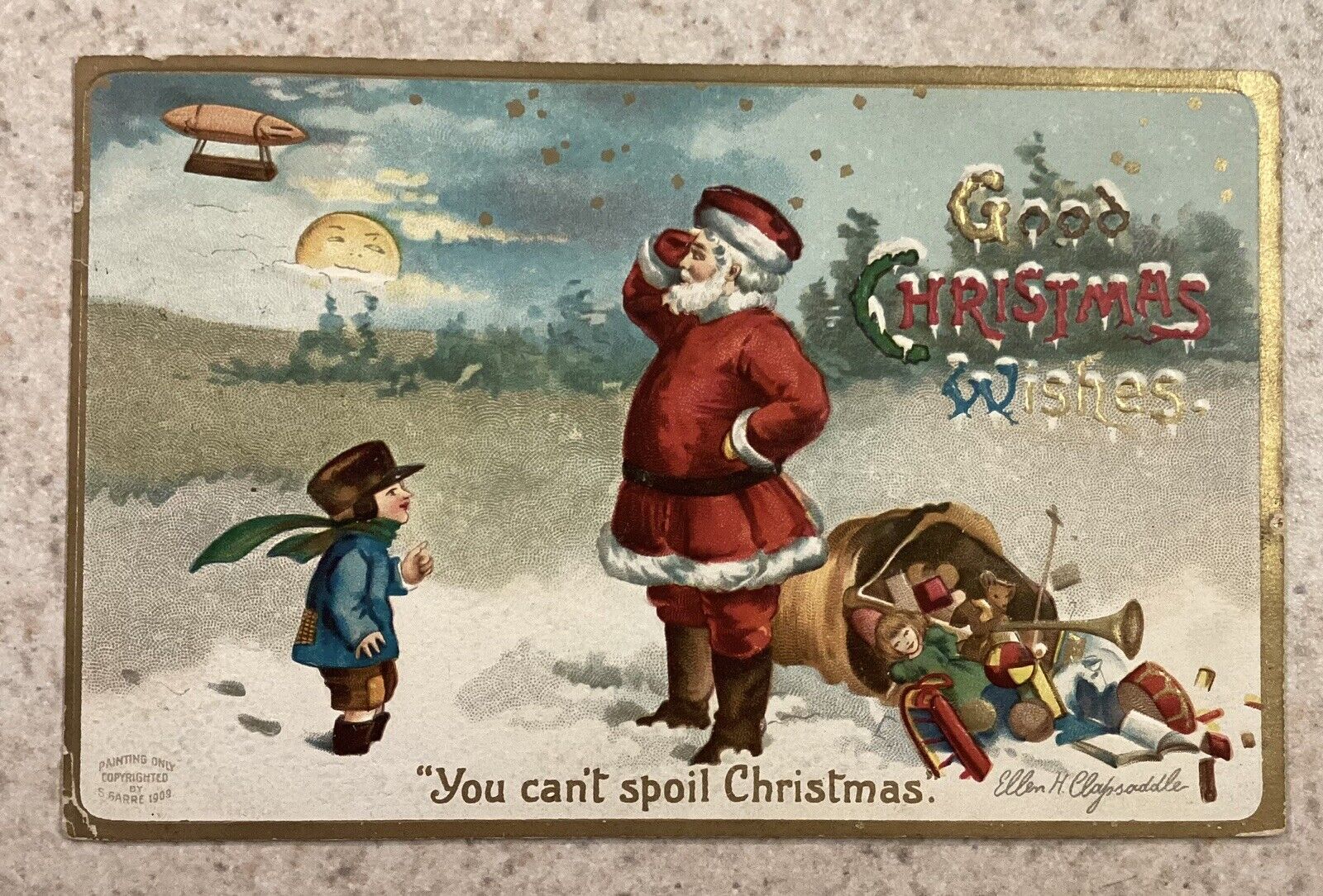 Clapsaddle Christmas Postcard Santa With Bag Of Toys Watching Blimp Smiling Sun