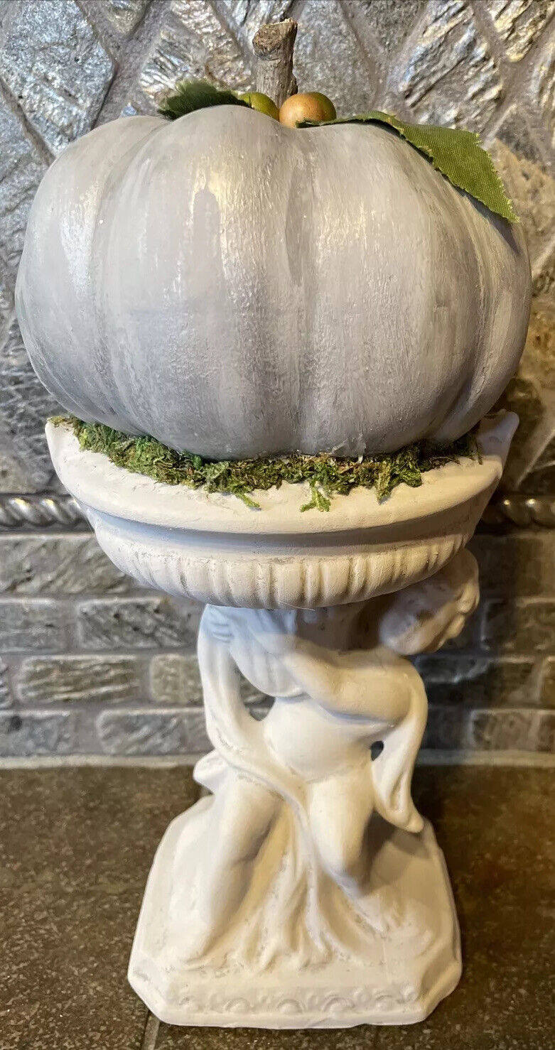 Faux Pumpkin on Ceramic Cherub Pedestal Fall Thanksgiving Decor