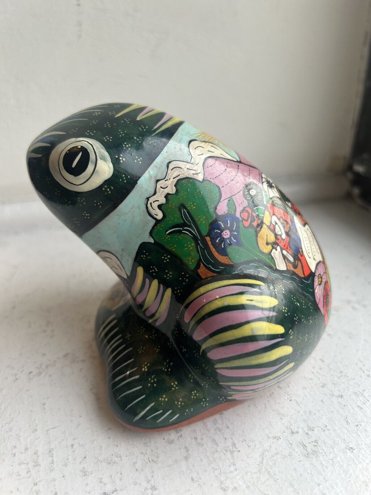 Unusual Vintage Psychedelic Tonala Pottery Frog Mexican Folk Art Mexico 4x5”