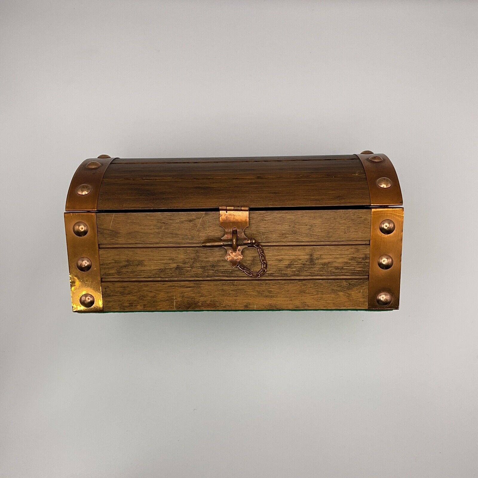 Vintage Wood Treasure Chest Jewelry Box With Copper Trim EUC