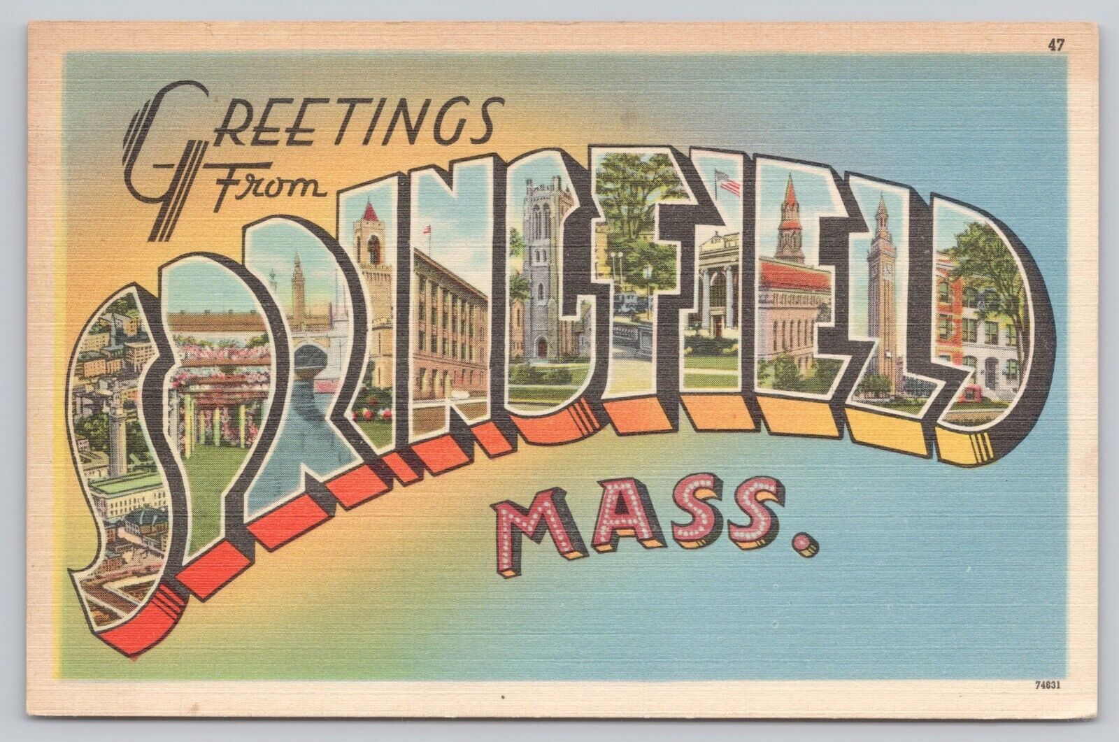 Springfield Massachusetts, Large Letter Greetings, Vintage Postcard