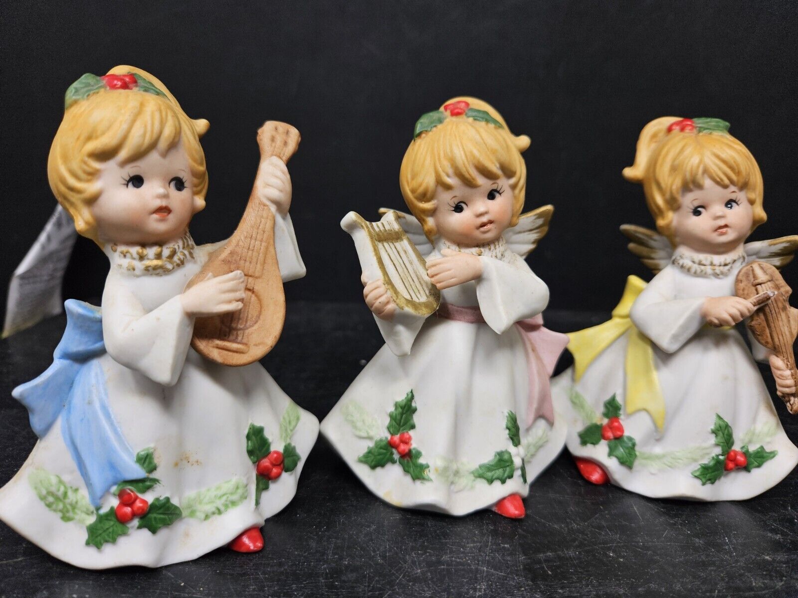 Vtg Homco Christmas Angels Set Of 3 Musical Instruments Harp Mandolin #5551