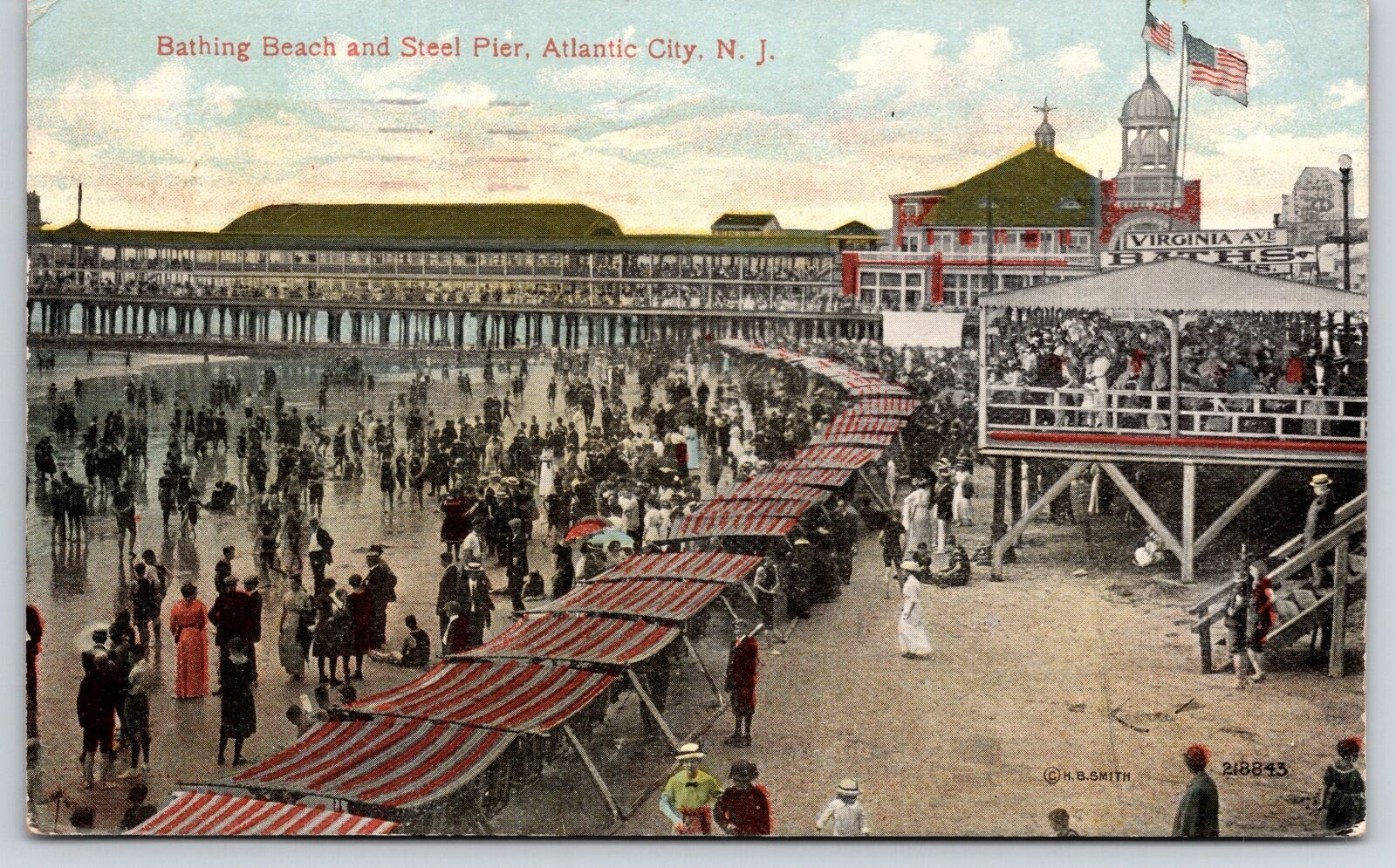 1914  Bathing Beach And Steel Pier Atlantic City New Jersey NJ Posted Postcard