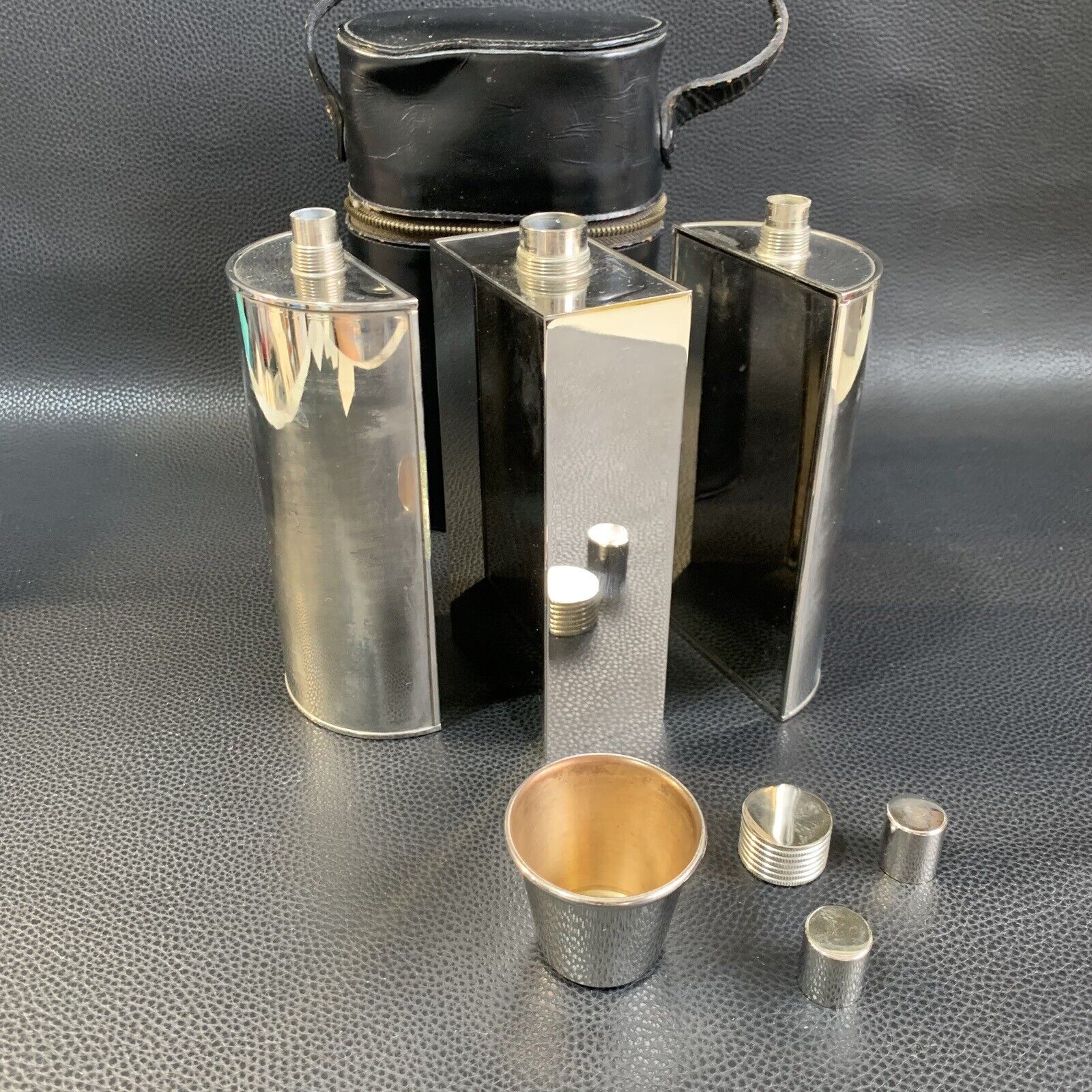 Vintage German Triple Flask Travel Bar Set, Gero Made In Germany Zipper