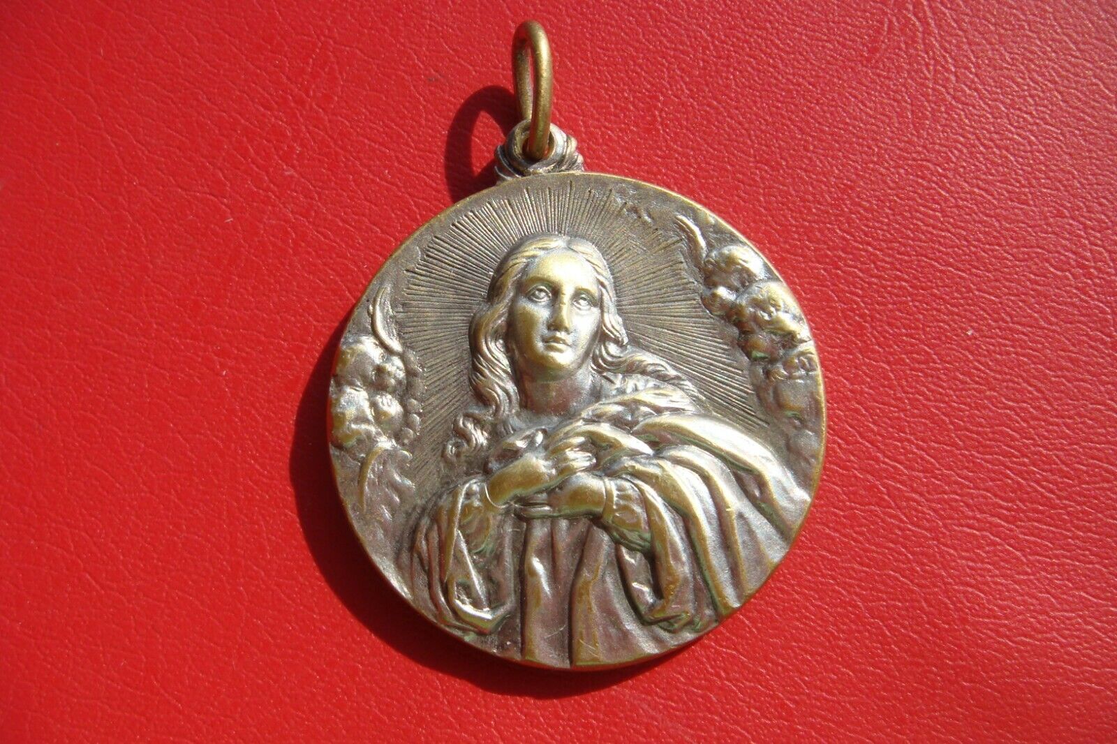 ANTIQUE Immaculate Conception VIRGIN Mary the Good Shepherd BIG MEDAL PENDANT