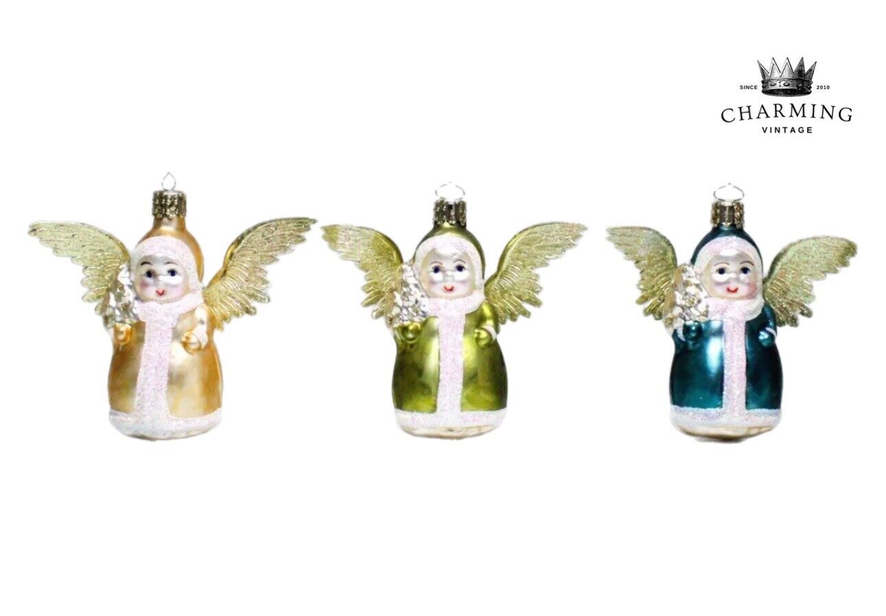 Set of 3 Vtg Christborn Glass Angels Germany w/ Foil Wings Christmas Ornaments