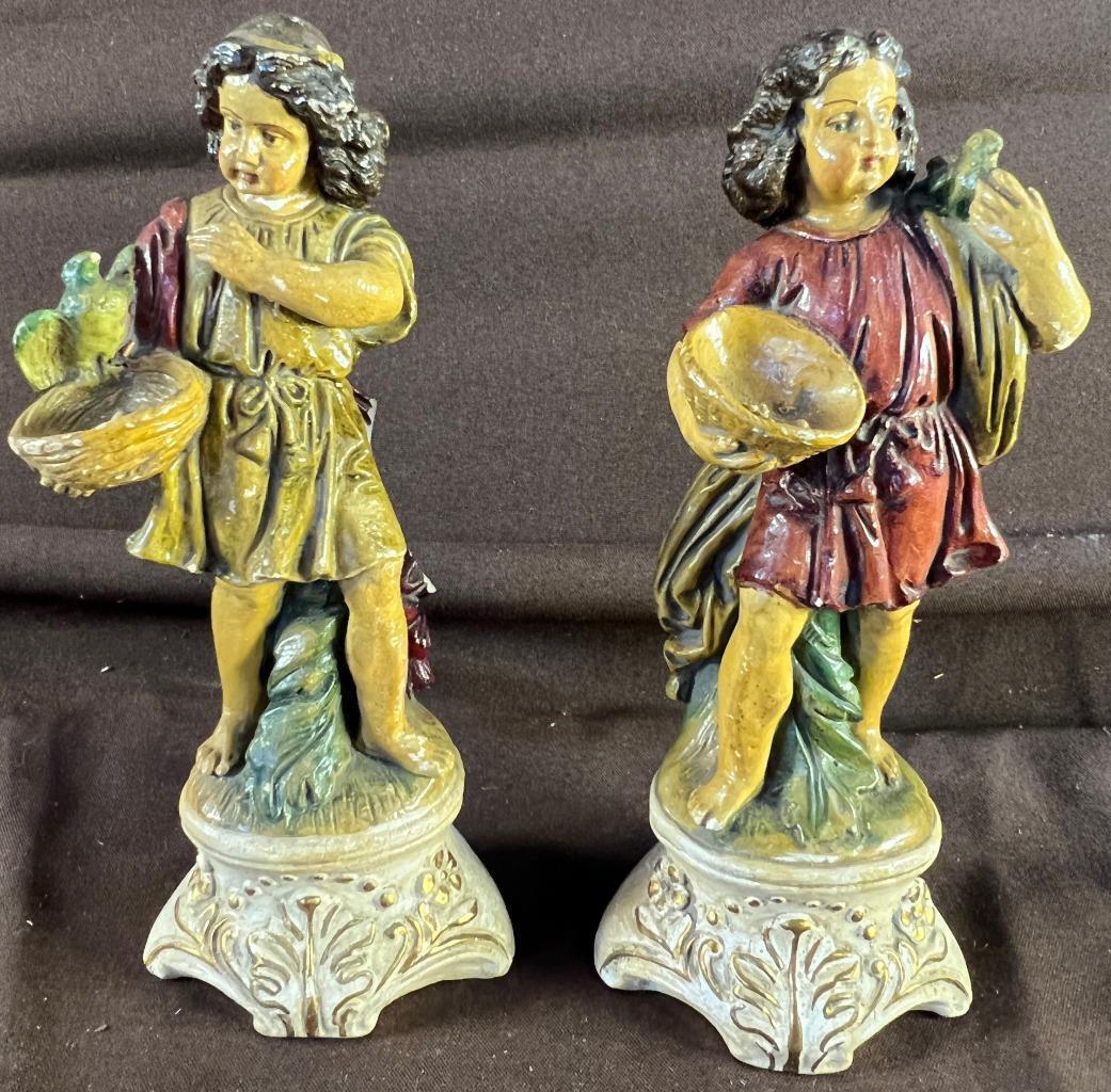 Pair of Two 2 Vintage BORGHESE Plaster Chalkware Statue Girl w/ a Bird Figurine
