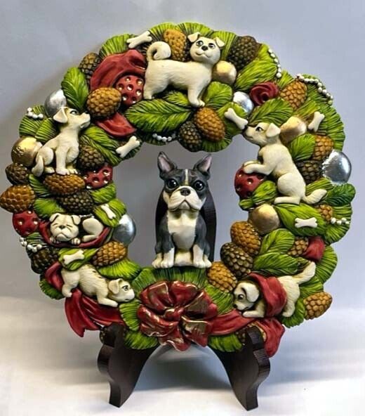Neil Eyre LARGE Christmas Wreath Boston Terrier Dog Puppy Bone Bow Display Stand