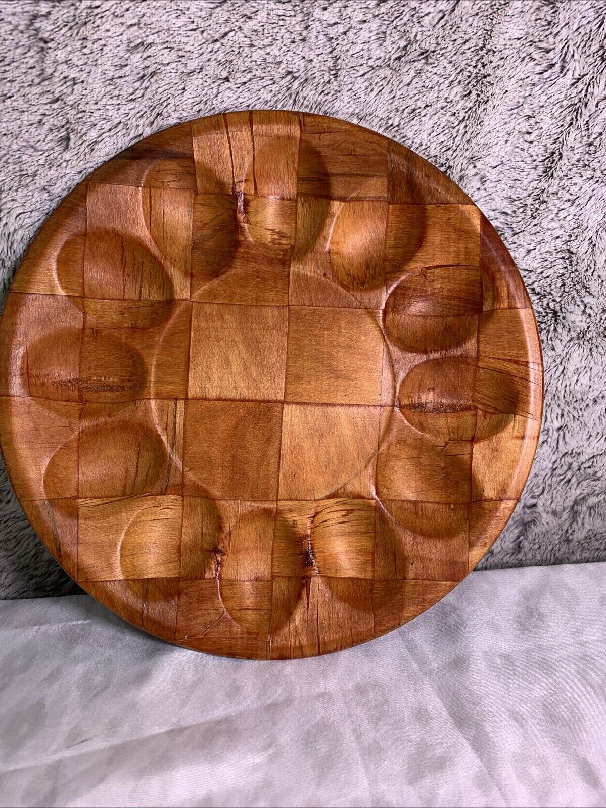 Vintage Woven Wood Deviled Egg Round Serving Tray Retro MCM 1960s, Holds 12