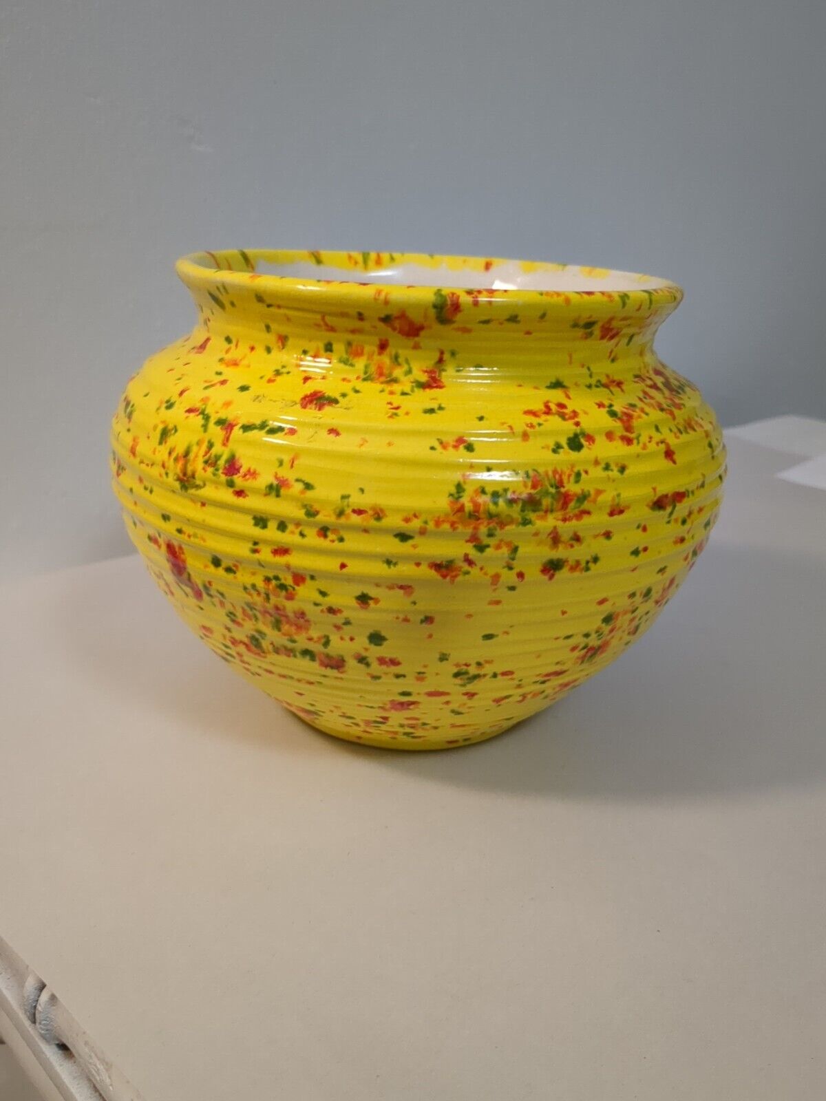 Hand Painted Yellow Ceramic Planter Splatter Glazed Mid Century Modern Pottery
