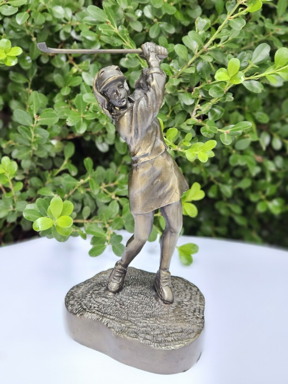 Semi Antique Female Golfing Bronze Statue,  9 In Tall