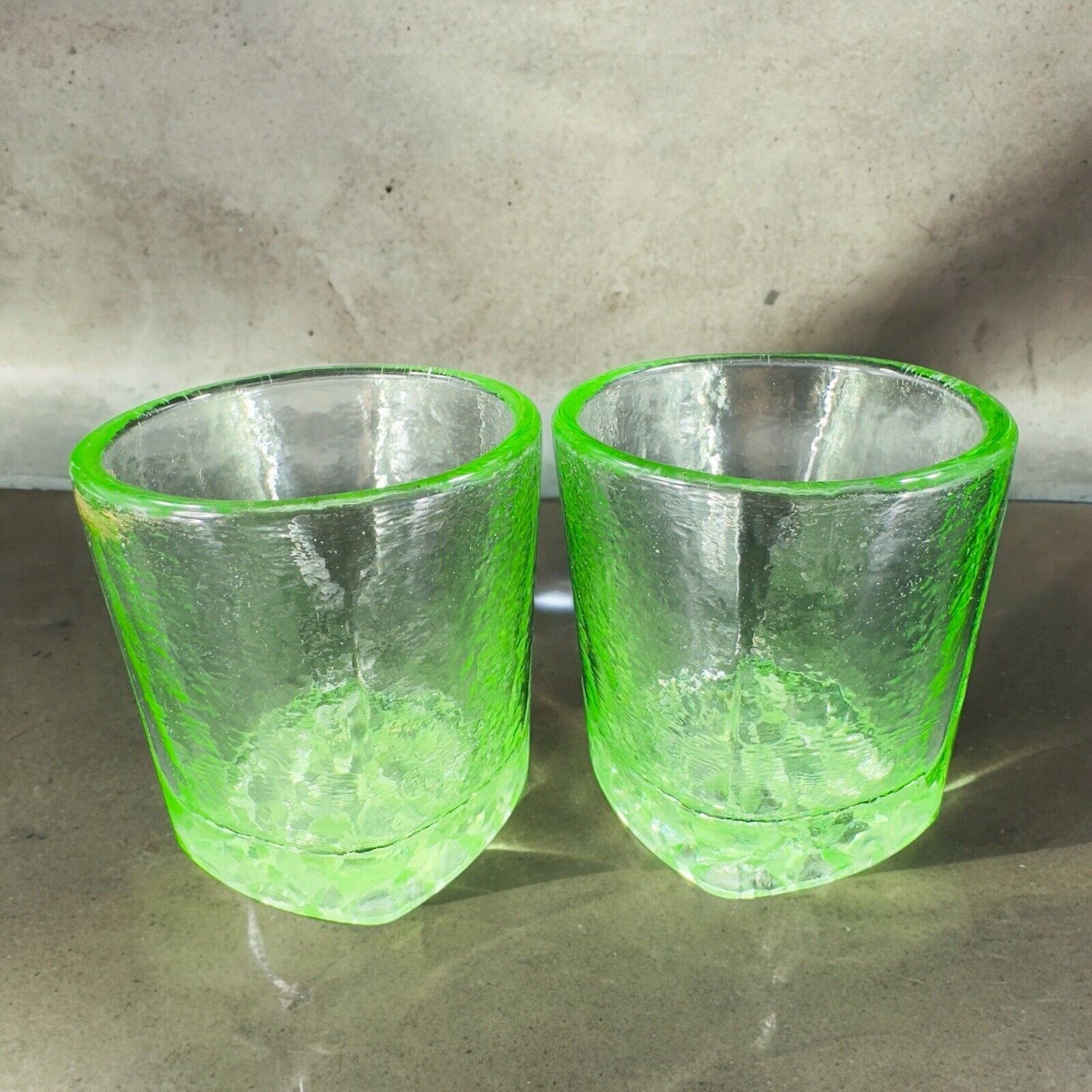 Fire & Light Green Recycled Glass Tumbler On the Rocks Square Signed Set 2