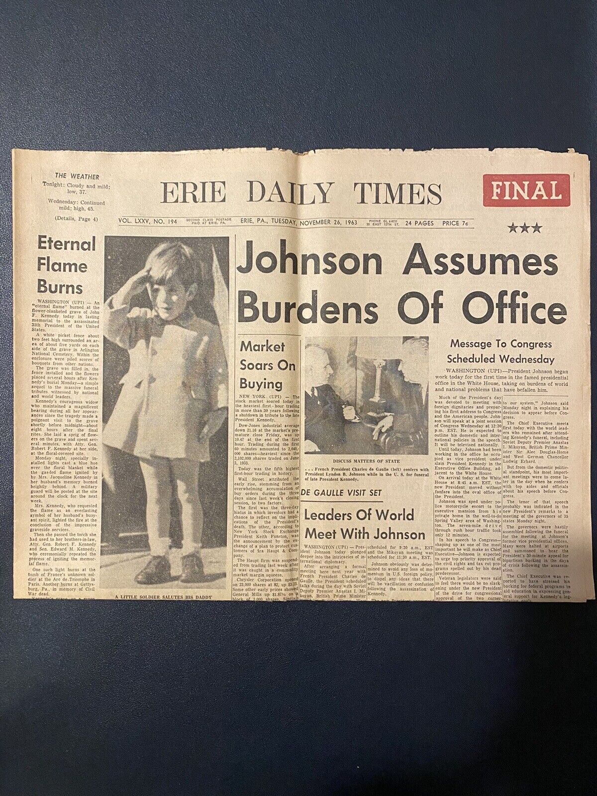Vintage Newspaper Johnson Assumes Burdens of Office Erie PA November 26 1963