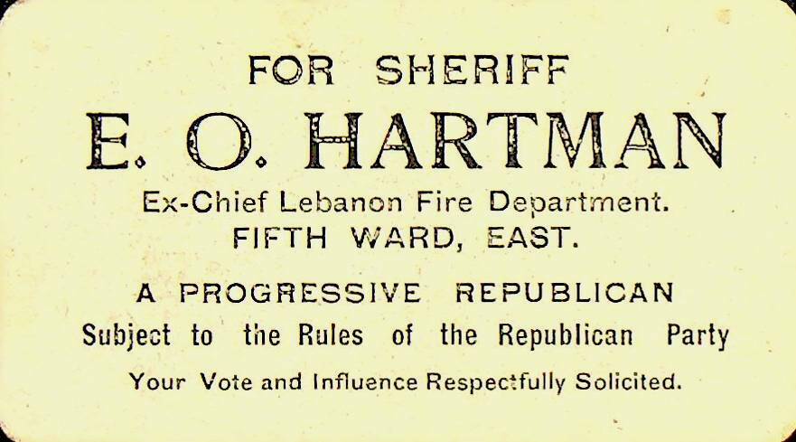 Vtg E.O. Hartman For Sherriff Political Campaign Business Card
