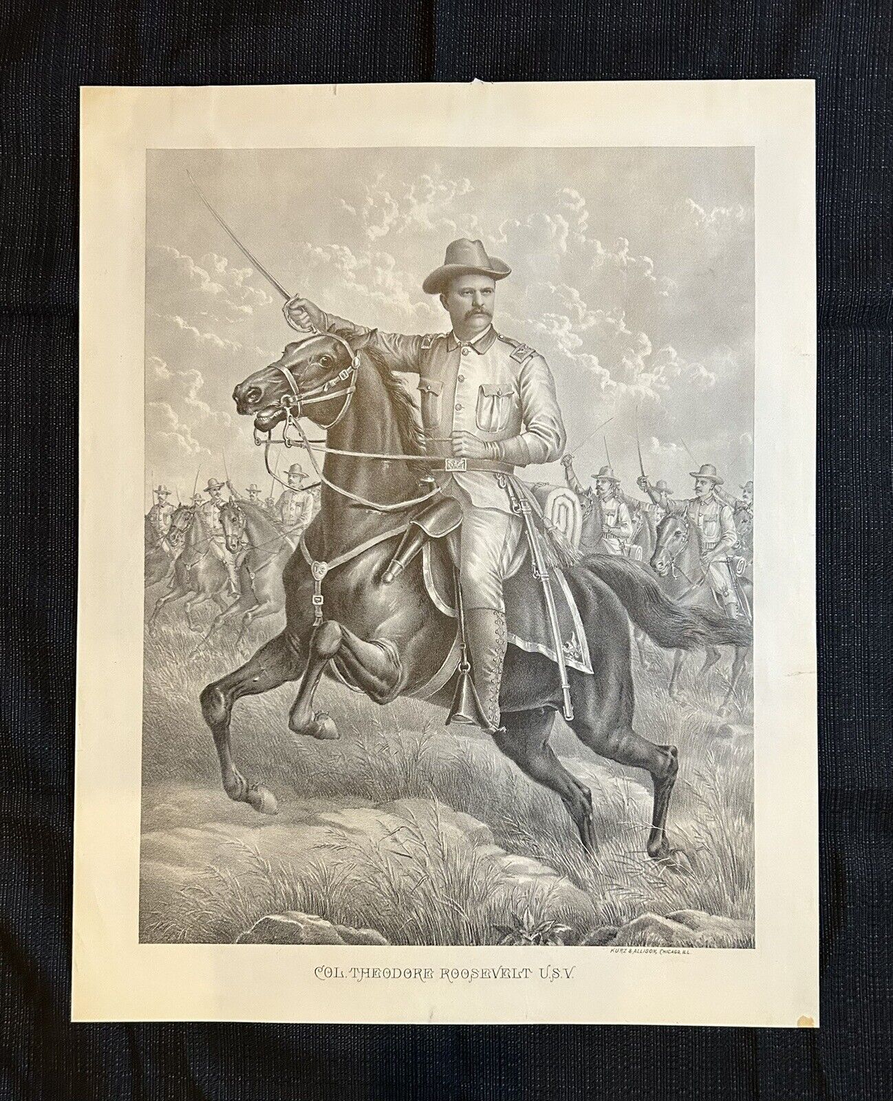 Large 1898 Theodore Roosevelt Rough Rider Presidential Lithograph Kurz & Allison