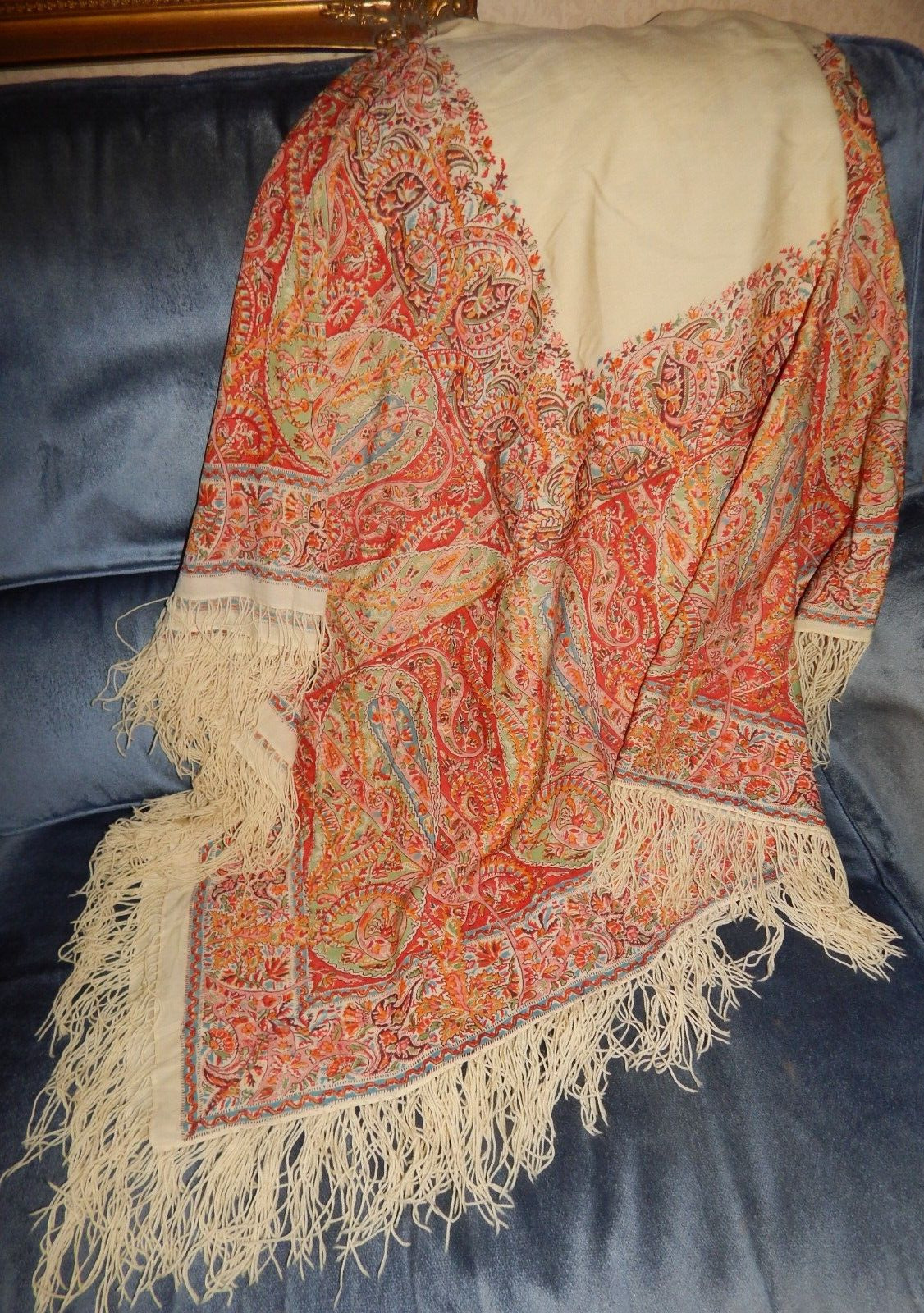 Antique Fine Wool Printed Paisley Square Shawl with Cream Fringing 66\