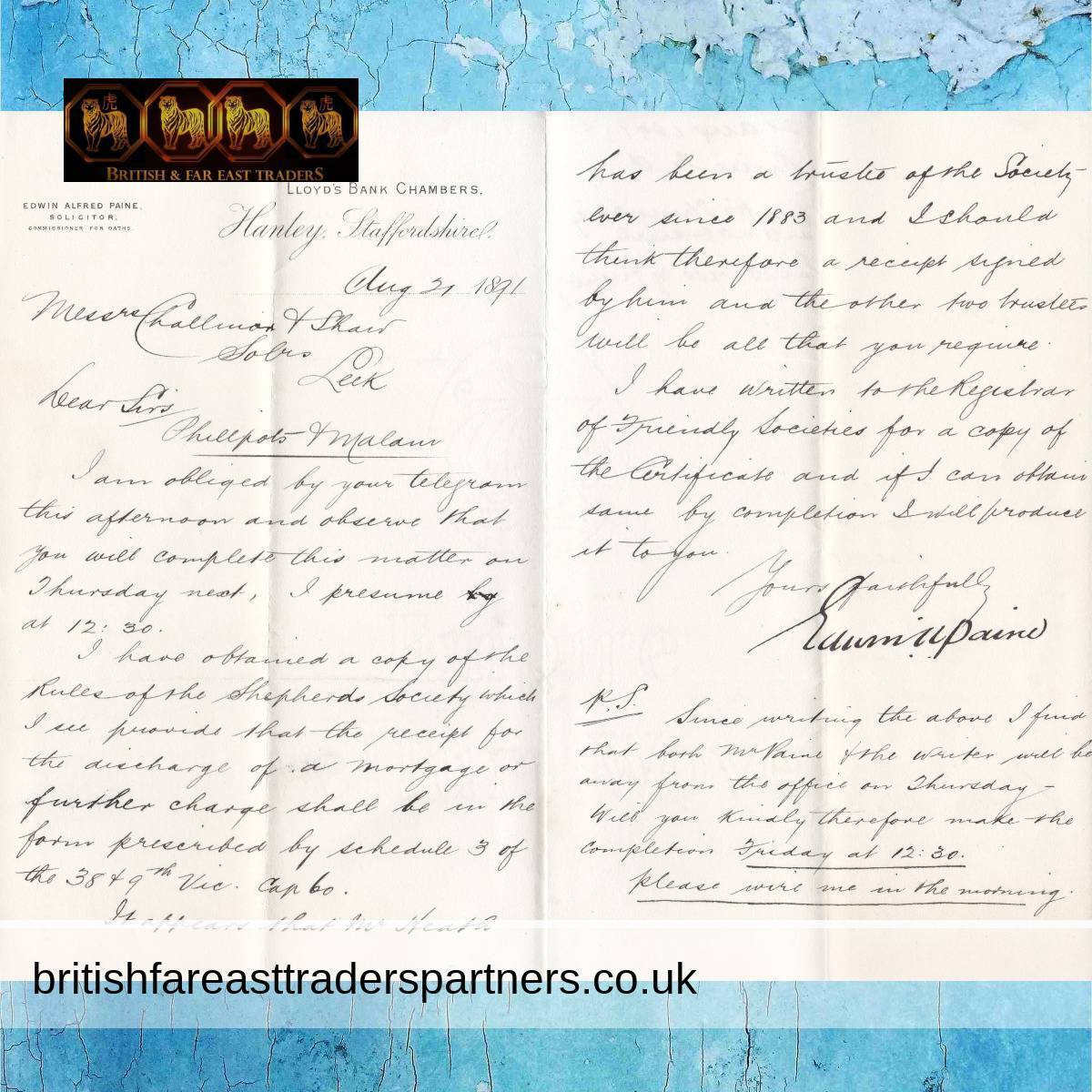 ANTIQUE 1891 EDWIN ALFRED PANIE SOLICITOR Phillpots & Malam Handwritten LETTER