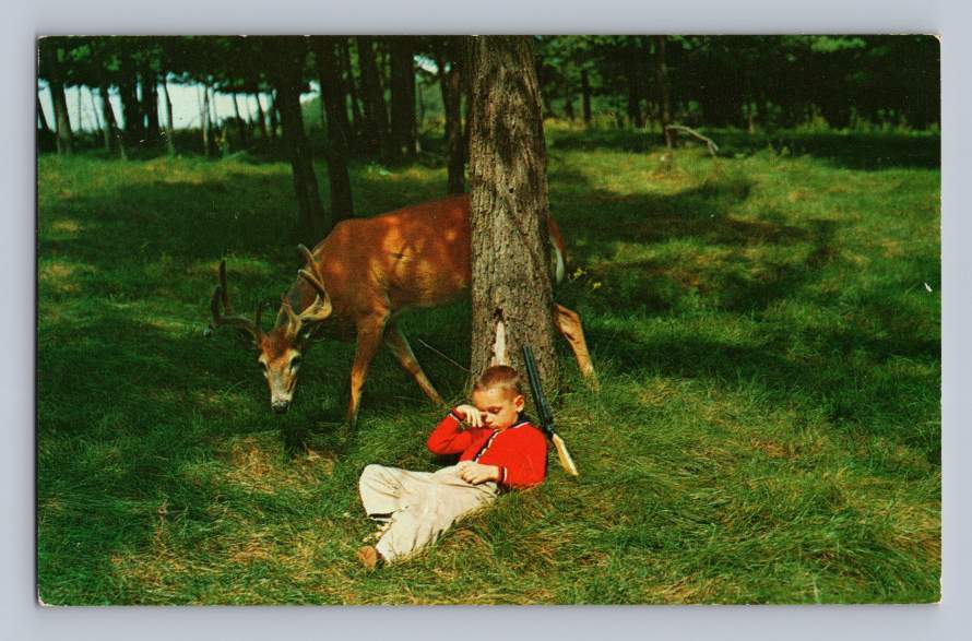 Napping Deer Hunter Boy RABER Michigan Vintage Goetzville Cancel 1956