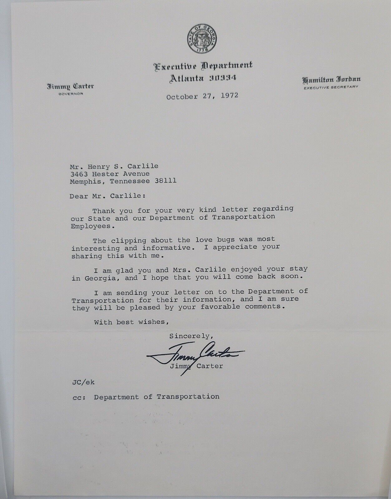 Jimmy Carter Signed 1972 Letter Georgia Governor Full Signature Autographed