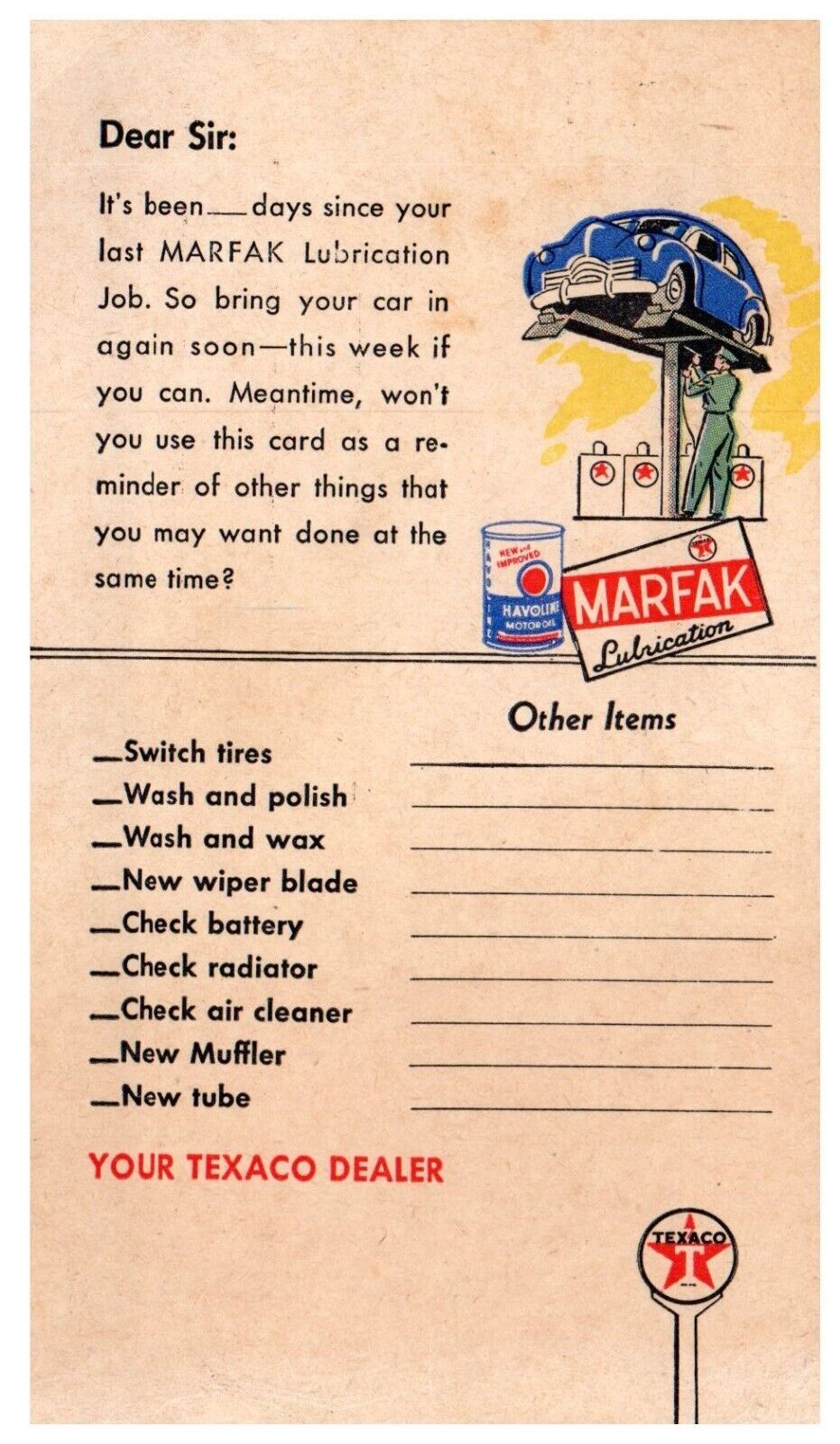 Texaco Oil Dealer Service Station Reminder Antique Postcard Unposted 1946
