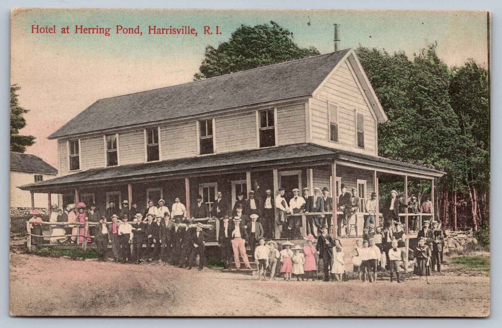 c1910 HARRISVILLE RHODE ISLAND HOTEL HERRING POND porch packed with people