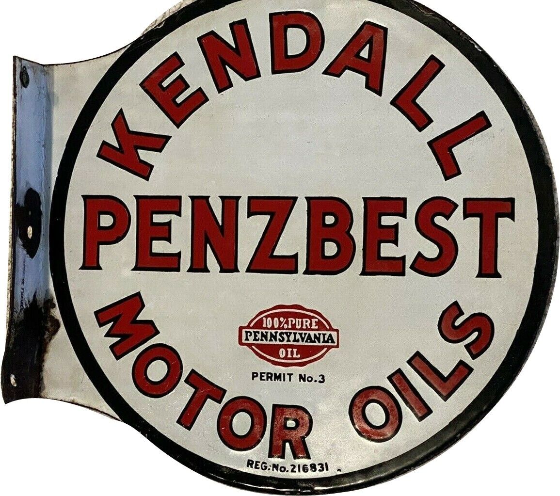 PORCELAIN KENDALL ENAMEL SIGN 12 INCHES DOUBLE SIDED WITH FLANGE