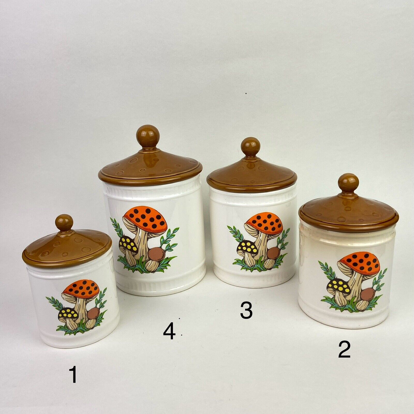 Vtg Sears Roebuck 1982 Merry Mushroom Ceramic Set of 4 Canisters & Lids READ