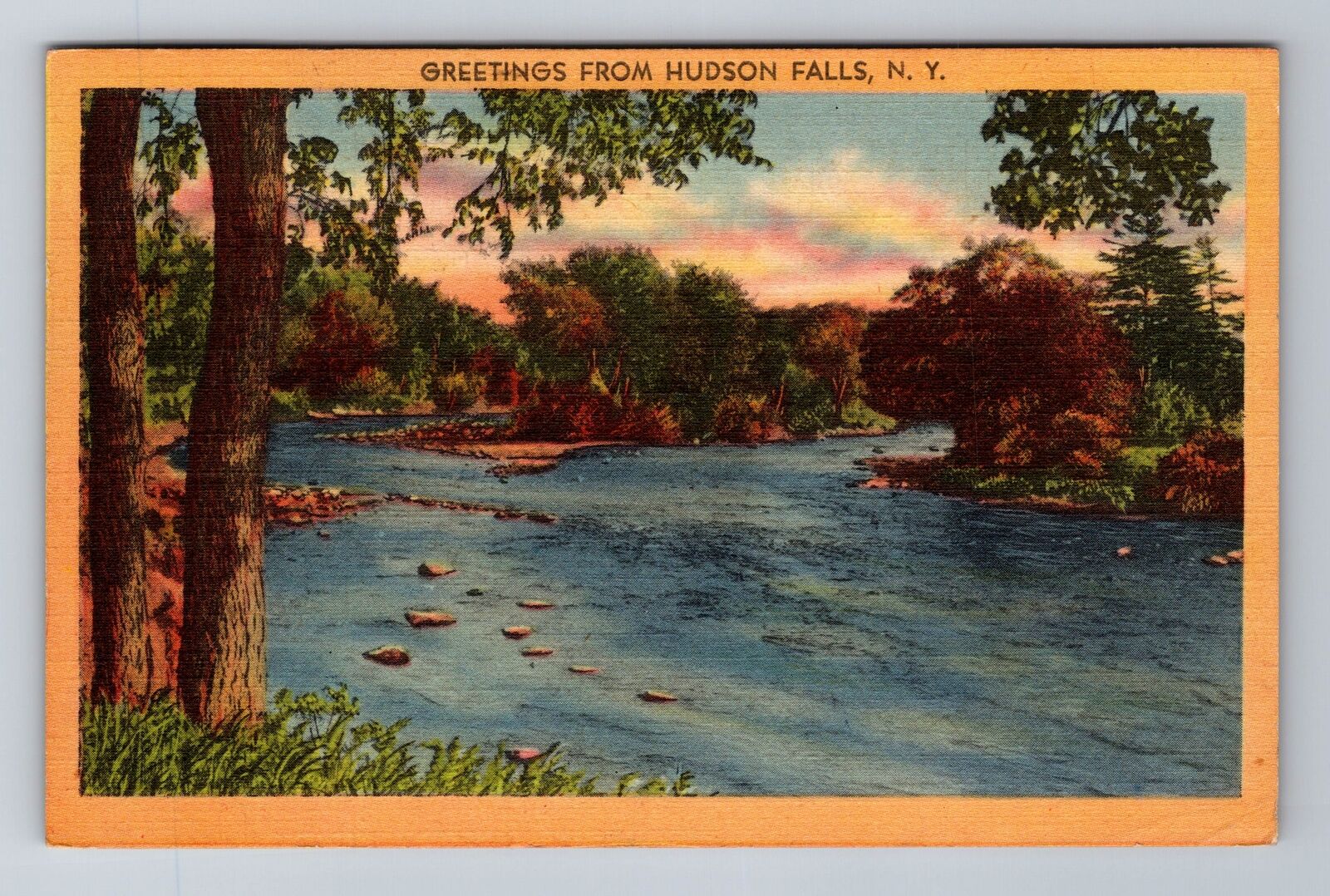 Hudson Falls NY-New York, General Greetings, River, Antique Vintage Postcard