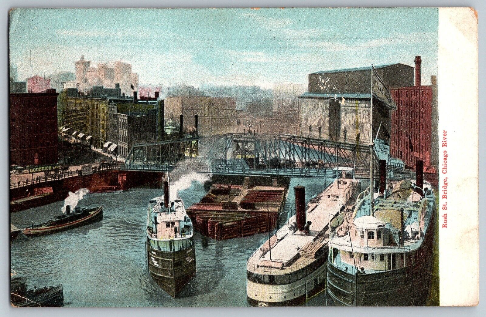 Chicago, Illinois IL - Rush Street Bridge - Chicago River - Vintage Postcard