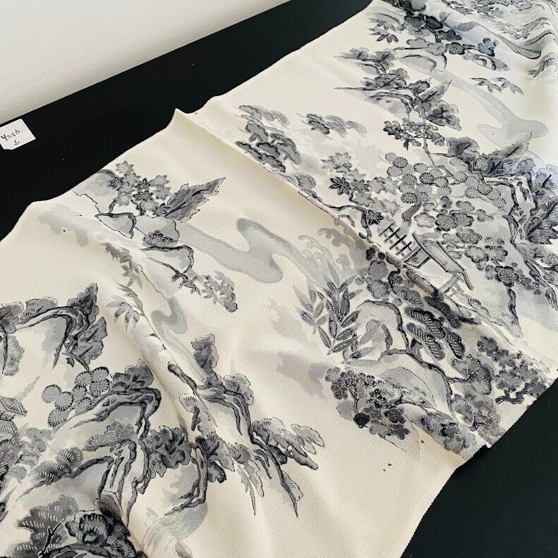 Sumi-E #B 13x60 LONG Hand Painted Vintage Silk Japanese Kimono Fabric RQ7
