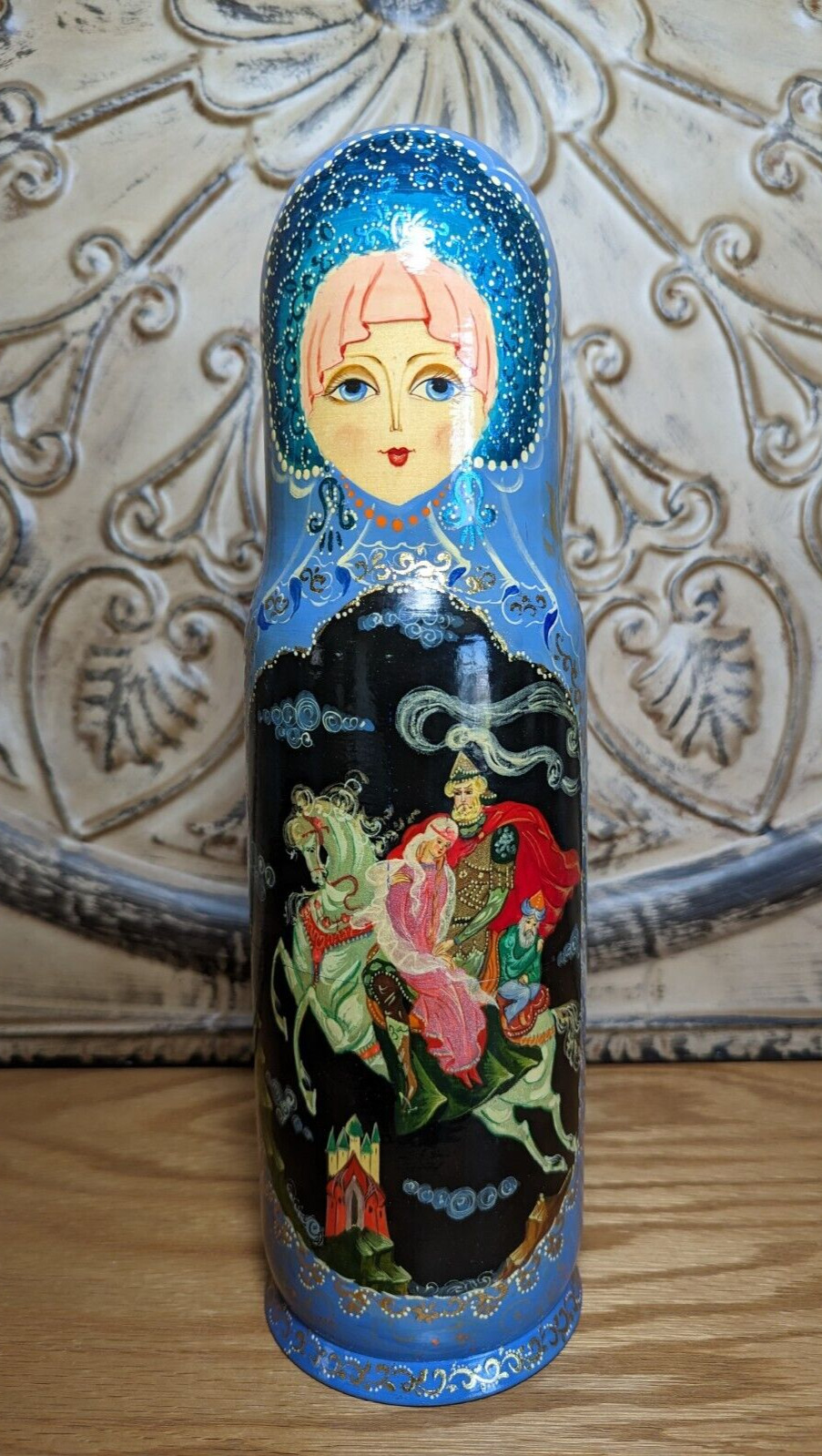 Vintage Russian Fairytale Wood Matryoshka Doll Hand Painted Bottle Box Holder