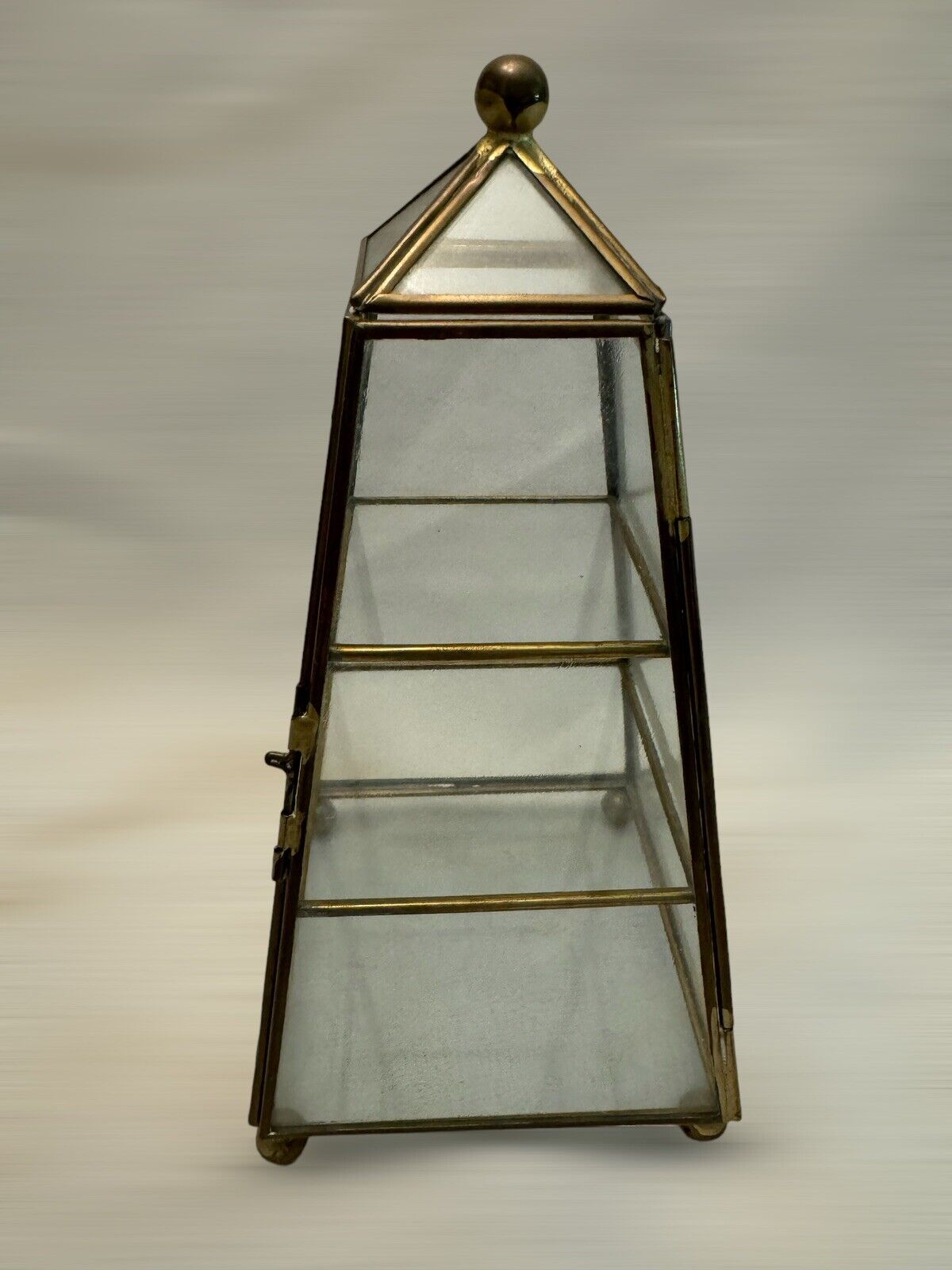 Vintage Glass Brass Hinged Pyramid Display Case Curio  3 Shelf 9”