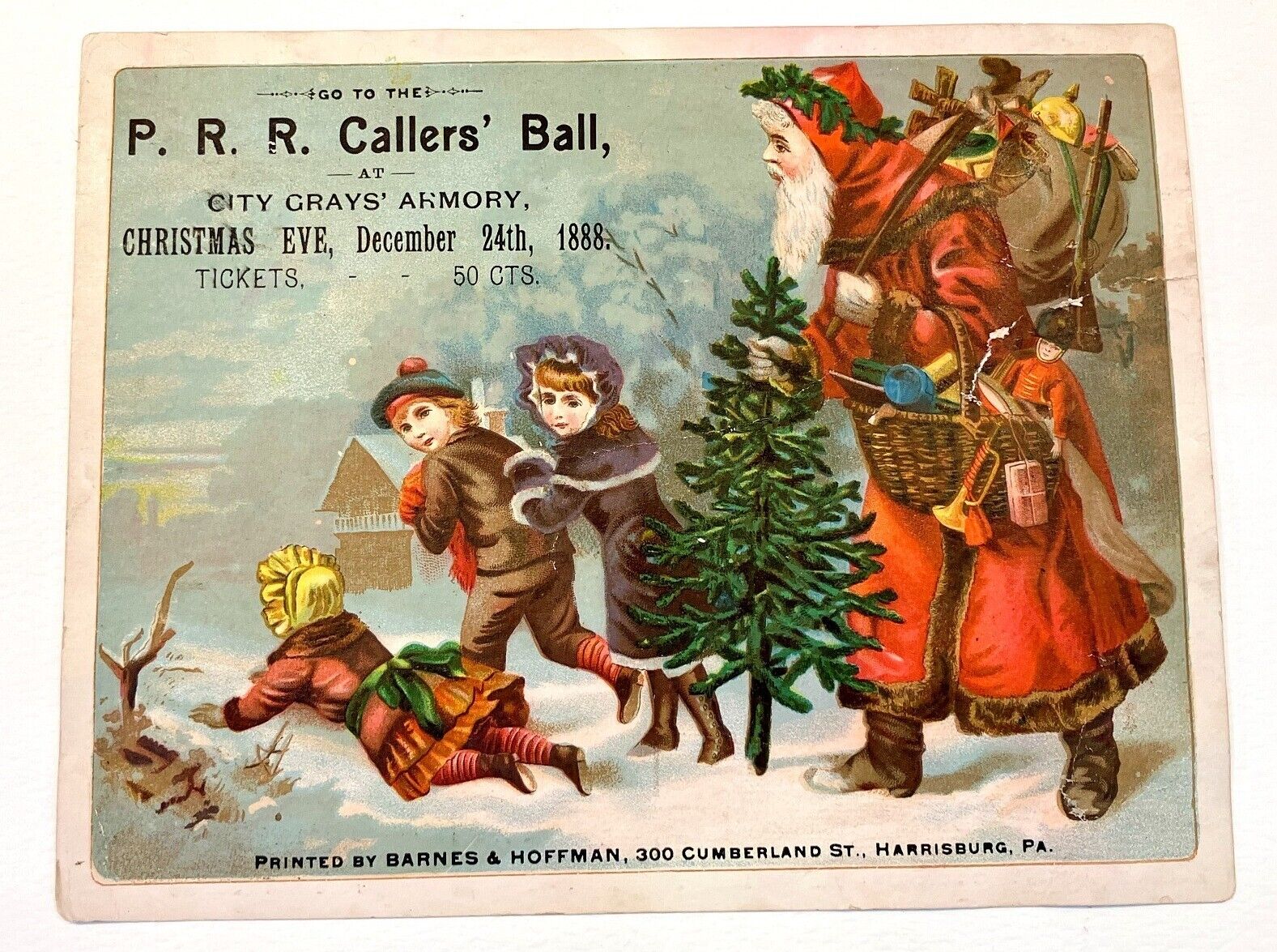 RARE SANTA  PRR Callers\' Ball CITY GRAYS\' ARMORY CHRISTMAS 1888 HARRISBURG, PA