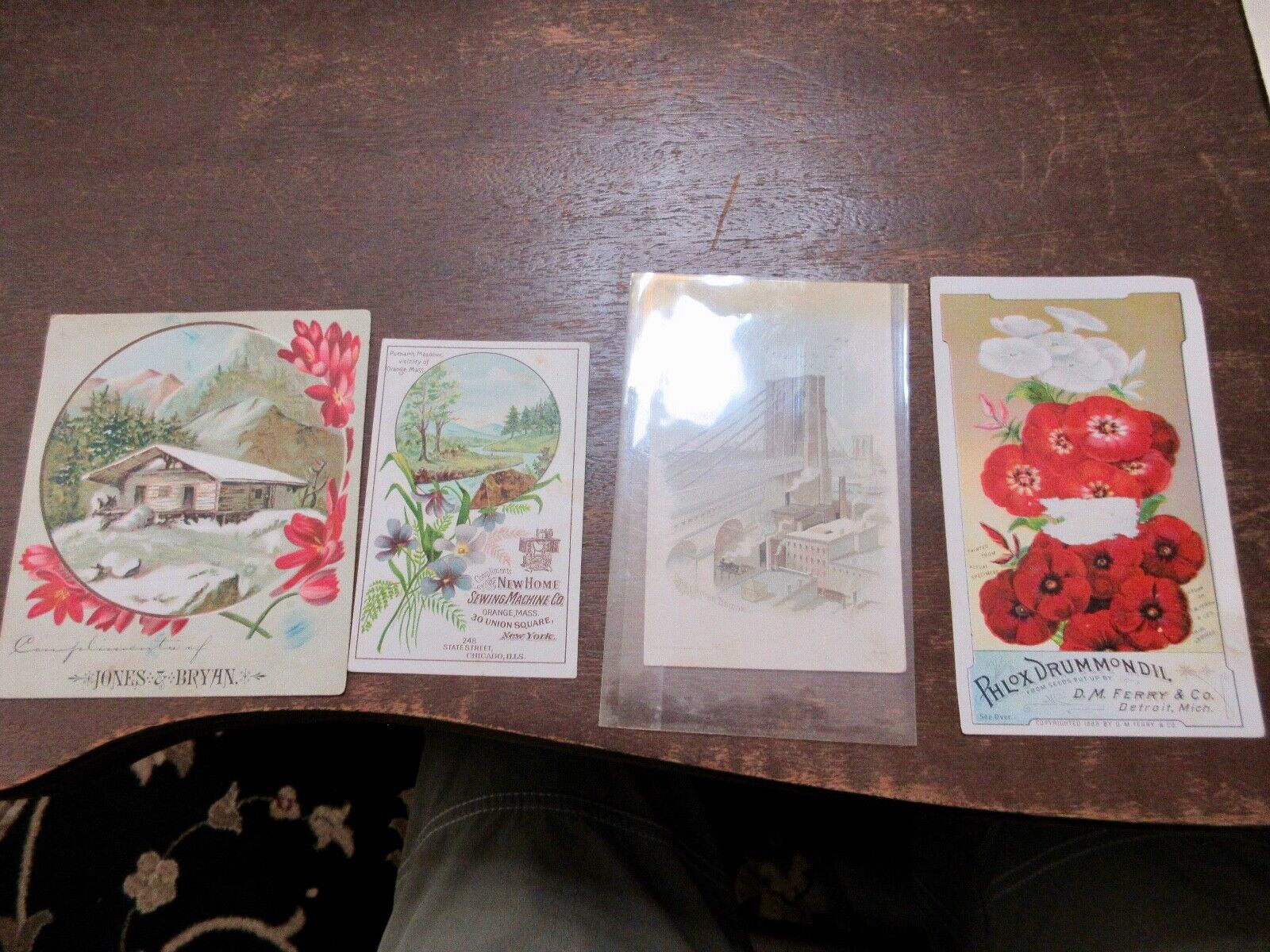 4 TRADE CARDS NEW HOME SEWING D M FERRY JONES & BRYAN 1888 BROOKLYN BRIDGE    #6