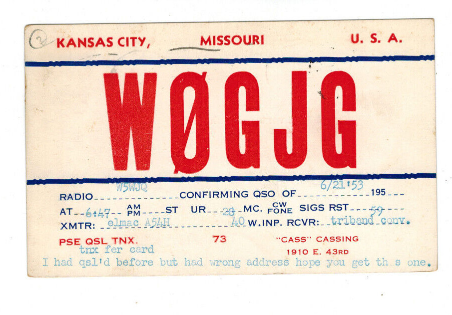 Ham Radio Vintage QSL Card     W0GJG   1953   Kansas City, Missouri