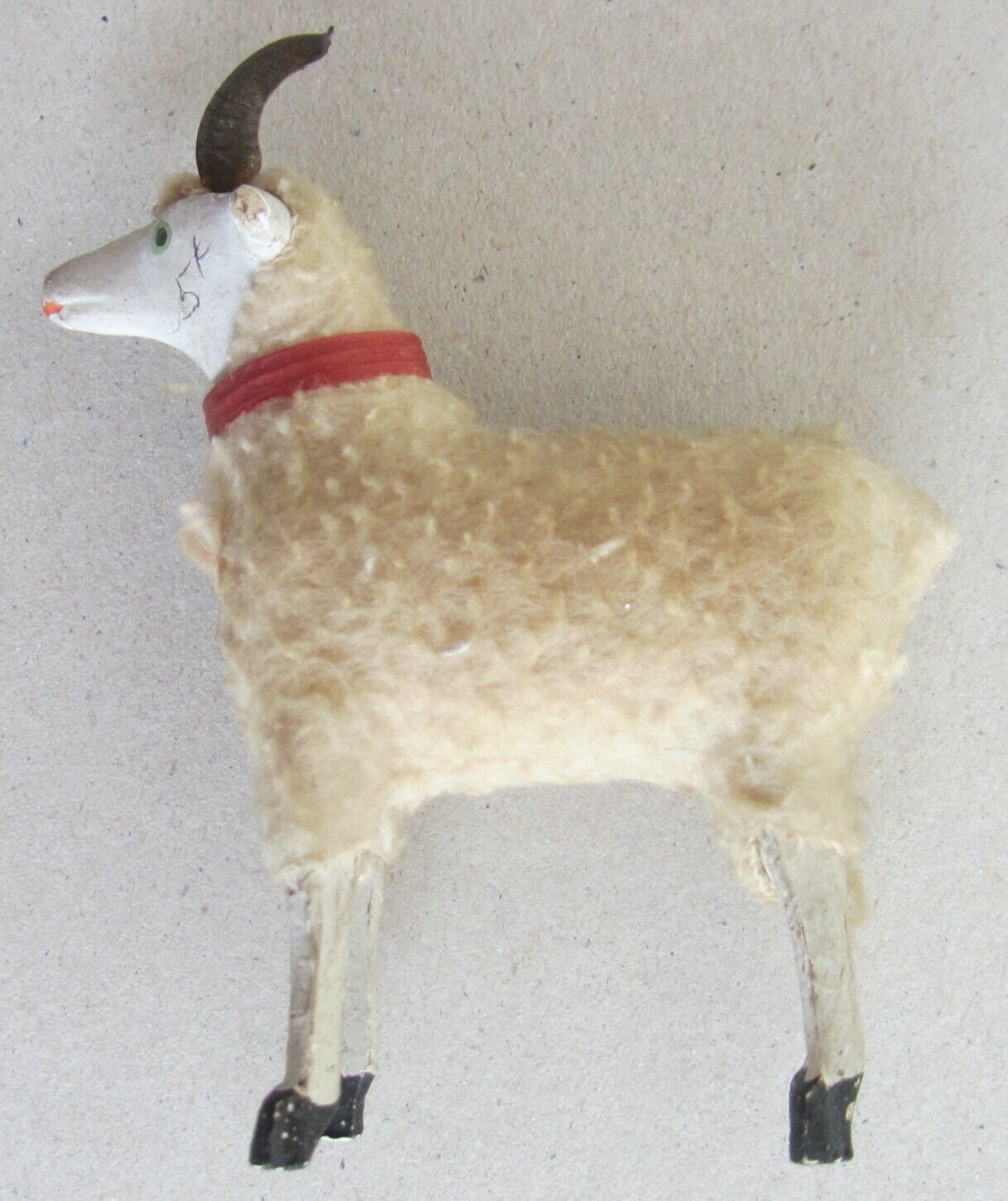 ANTIQUE GERMAN PUTZ MATCHSTICK LEG~COMPOSITION WOOL~SHEEP GOAT RAM w/COLLAR
