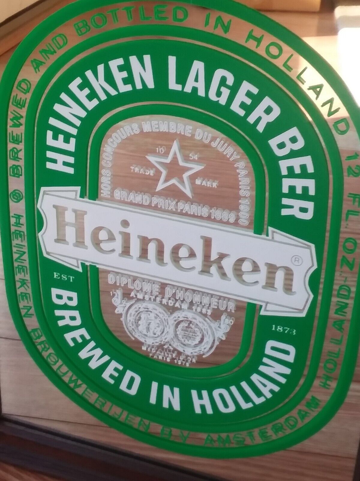 Vtg Heineken Lager Beer Holland Wood Framed Glass Mirror Bar Pub Sign 13x10 NICE