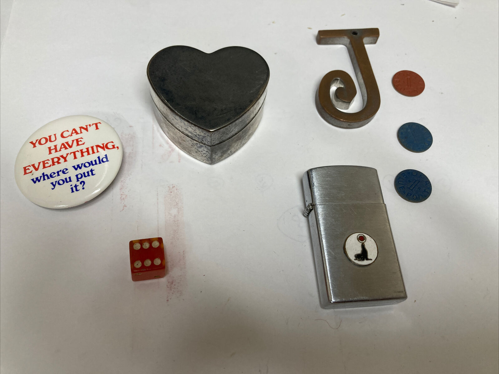 Lot 8 miscellaneous items Pin back Heart trinket box cig lighter J decor dice co