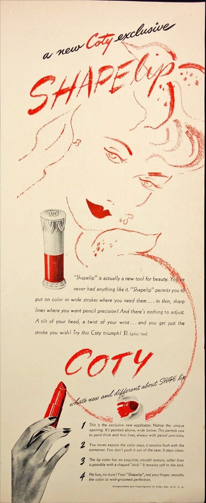 1942 Coty Cosmetics Red Lipstick Shapelip Vintage Print Ad