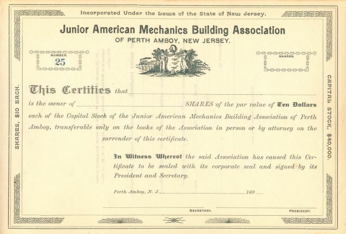Junior American Mechanics Building Association - Stock Certificate - General Sto