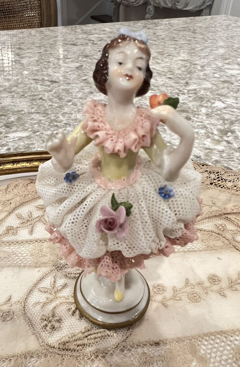 German Volkstedt 1762 Porcelain Lace Ballerina Lady with Hair Bow Holding Flower